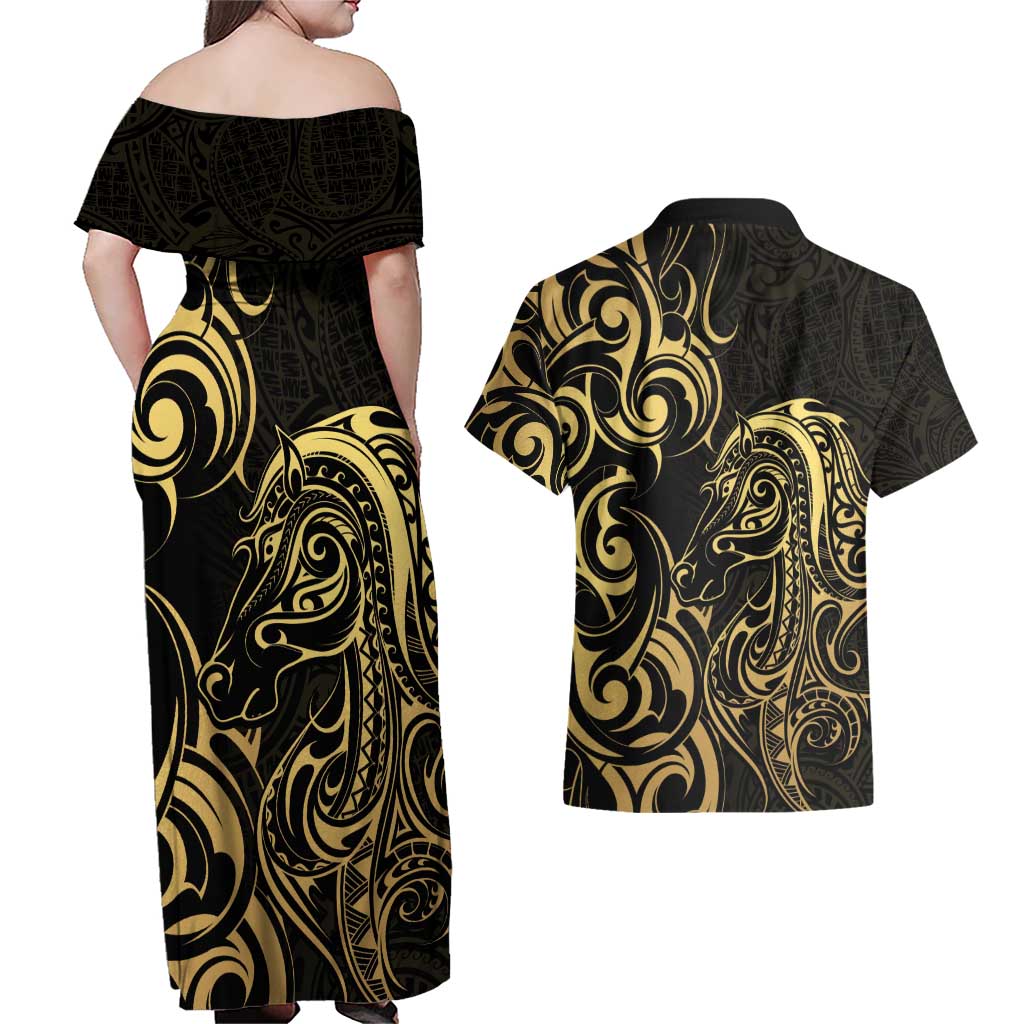 Gold And Black Aoteara Horse Racing Couples Matching Off Shoulder Maxi Dress and Hawaiian Shirt NZ Maori Pattern