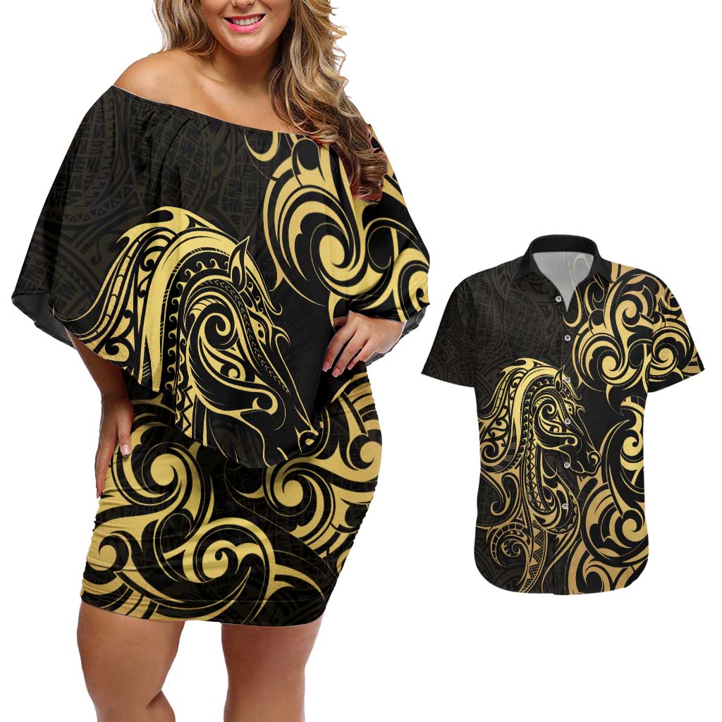 Gold And Black Aoteara Horse Racing Couples Matching Off Shoulder Short Dress and Hawaiian Shirt NZ Maori Pattern