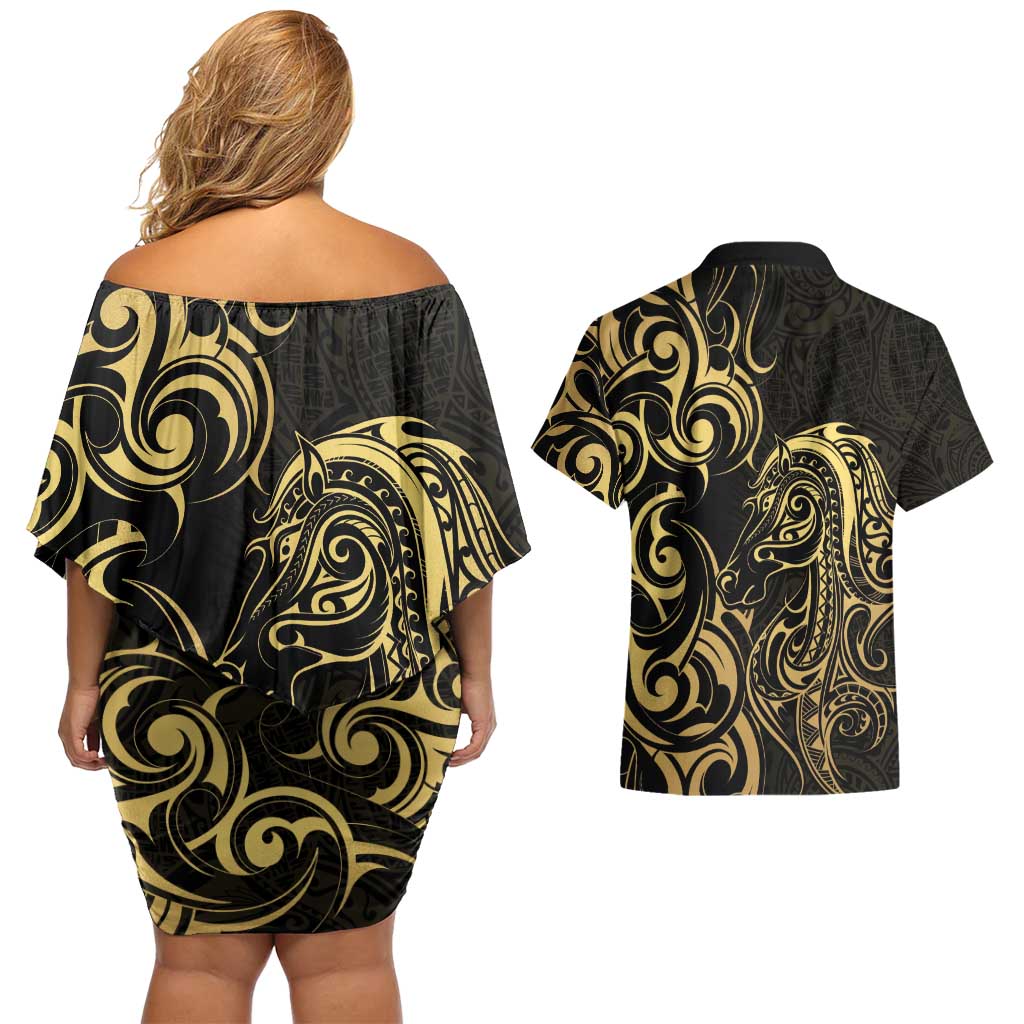 Gold And Black Aoteara Horse Racing Couples Matching Off Shoulder Short Dress and Hawaiian Shirt NZ Maori Pattern