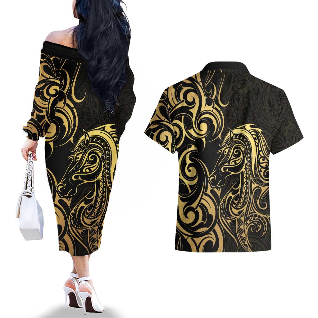 Gold And Black Aoteara Horse Racing Couples Matching Off The Shoulder Long Sleeve Dress and Hawaiian Shirt NZ Maori Pattern