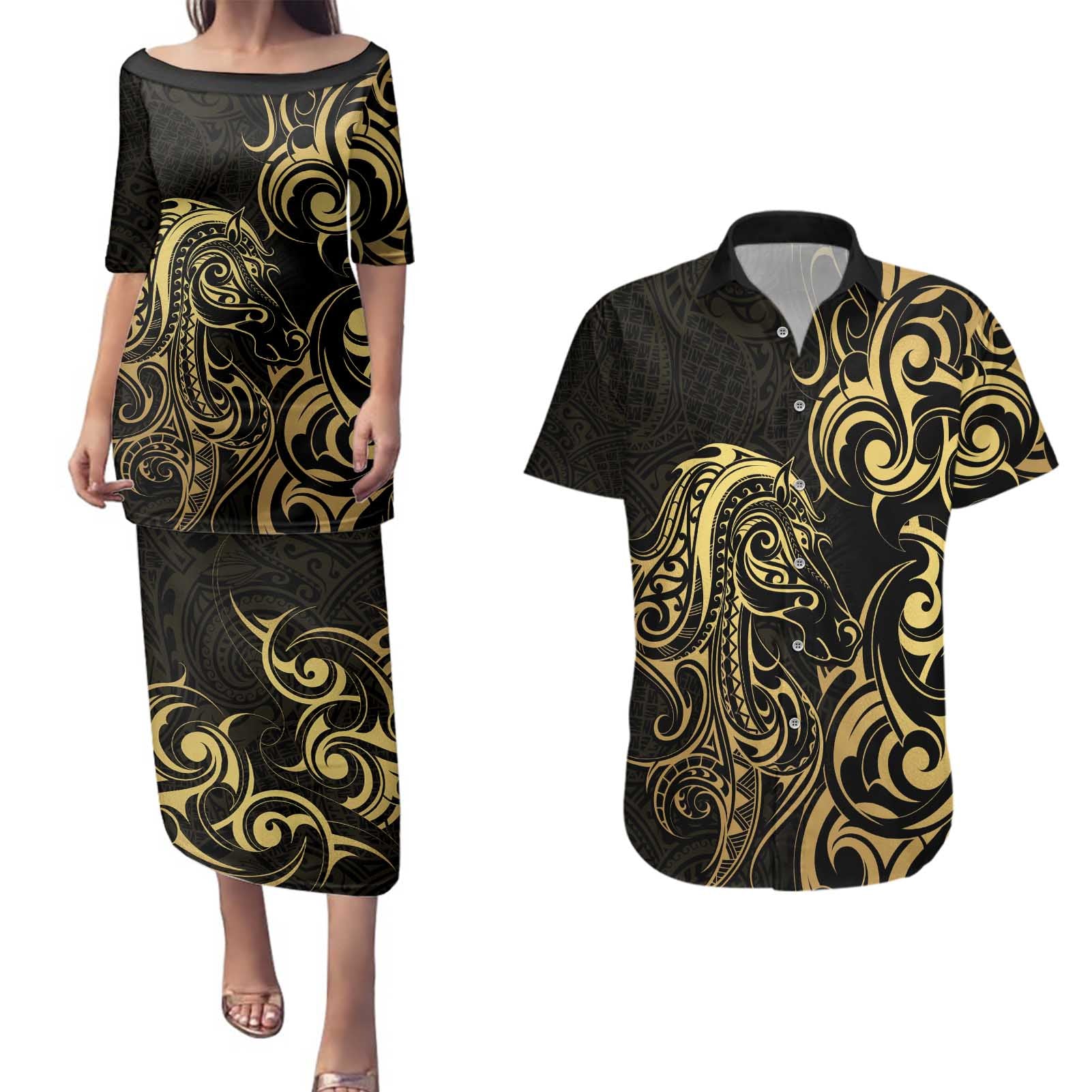 Gold And Black Aoteara Horse Racing Couples Matching Puletasi and Hawaiian Shirt NZ Maori Pattern