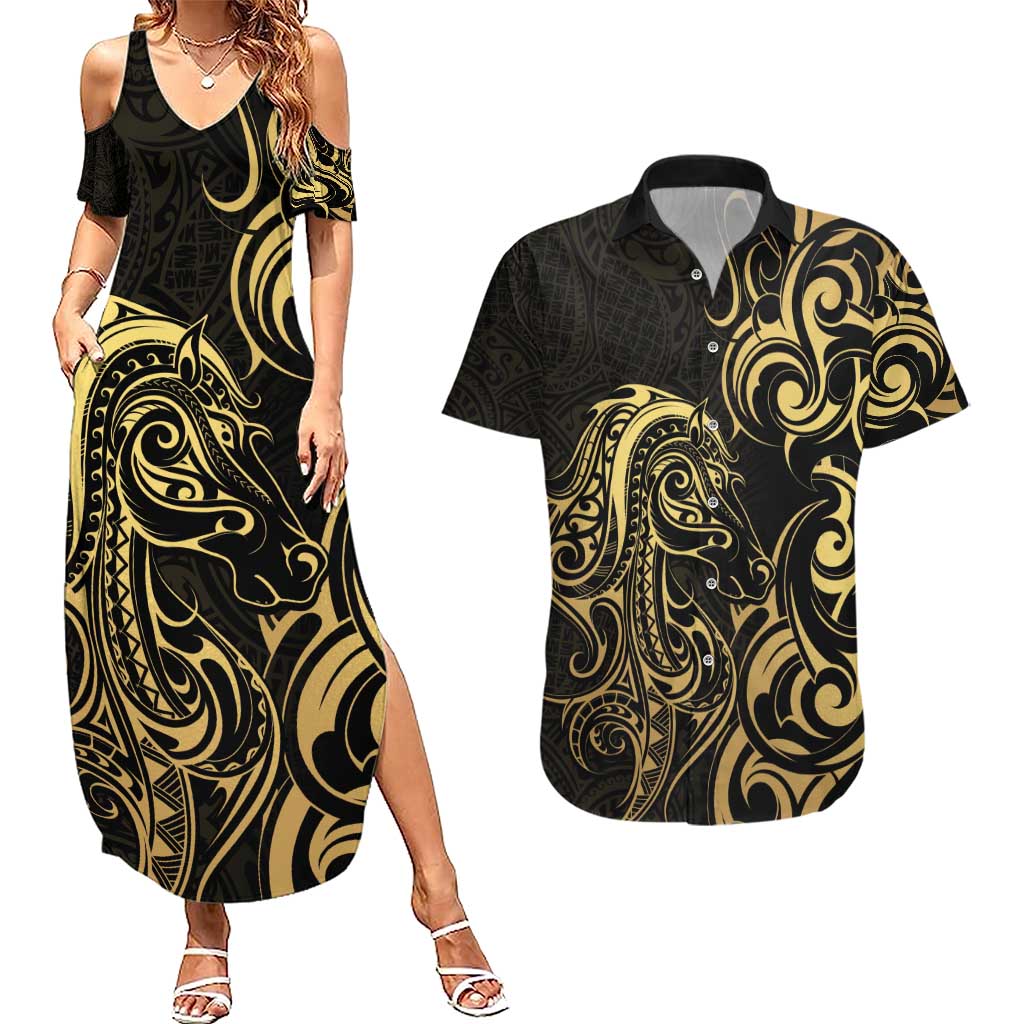 Gold And Black Aoteara Horse Racing Couples Matching Summer Maxi Dress and Hawaiian Shirt NZ Maori Pattern