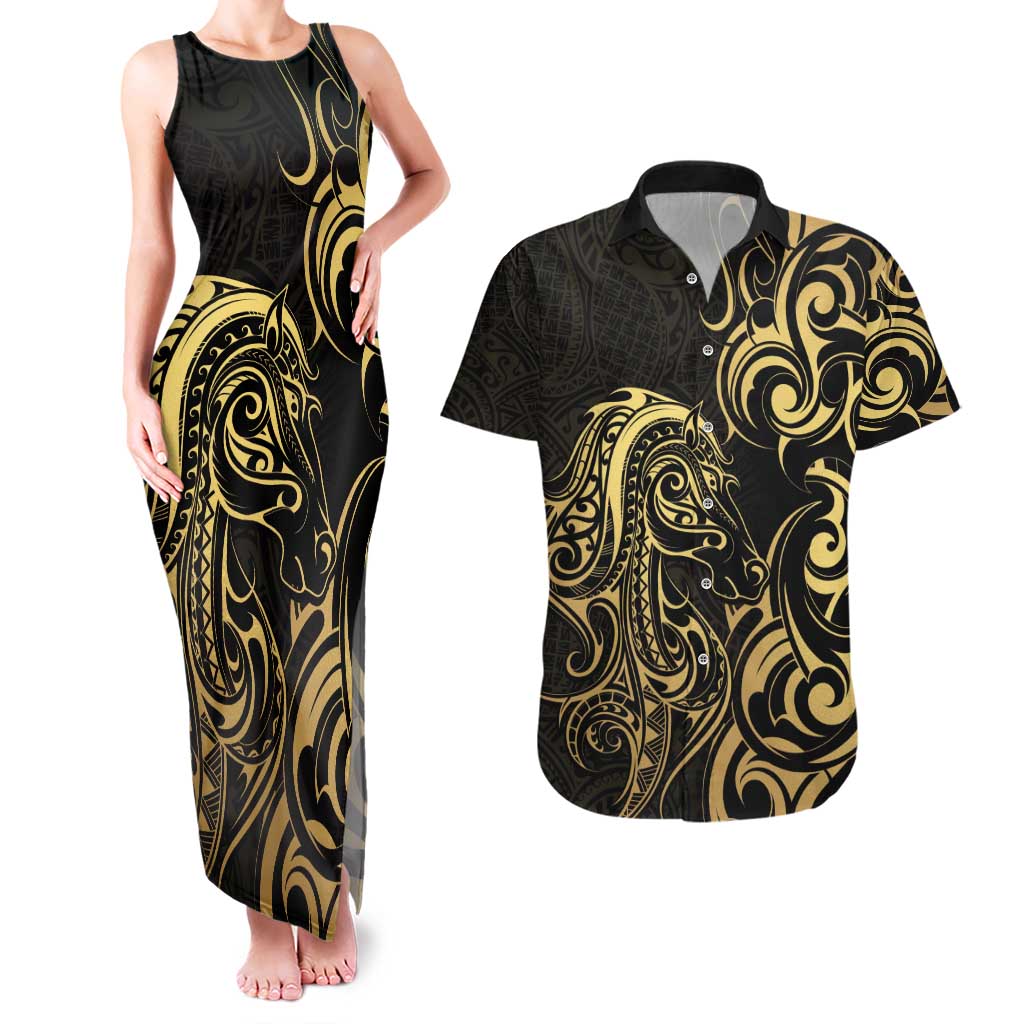 Gold And Black Aoteara Horse Racing Couples Matching Tank Maxi Dress and Hawaiian Shirt NZ Maori Pattern