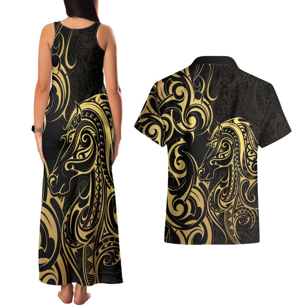 Gold And Black Aoteara Horse Racing Couples Matching Tank Maxi Dress and Hawaiian Shirt NZ Maori Pattern