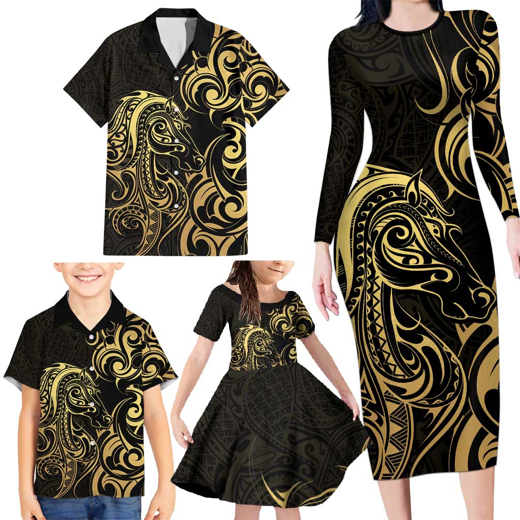 Gold And Black Aoteara Horse Racing Family Matching Long Sleeve Bodycon Dress and Hawaiian Shirt NZ Maori Pattern