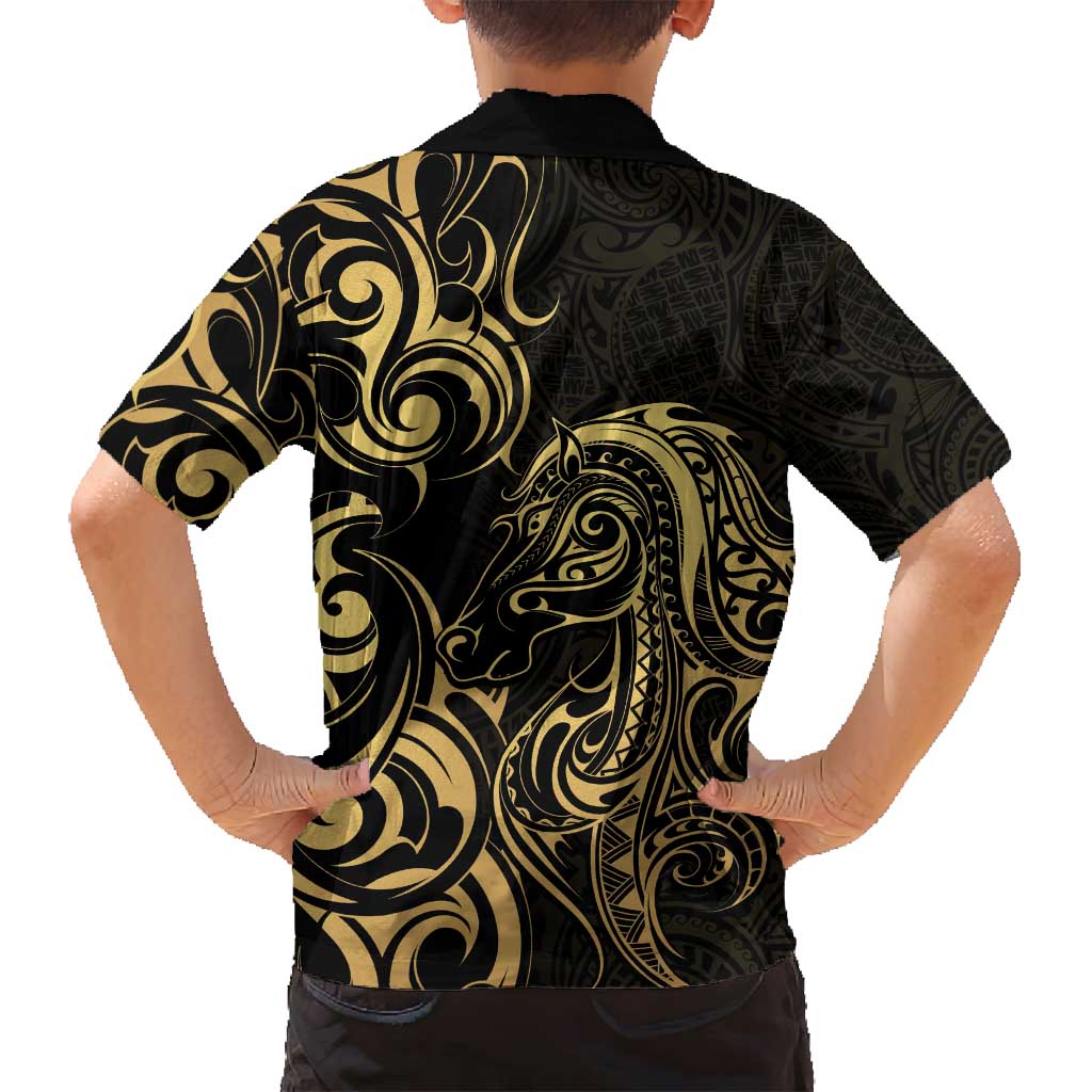 Gold And Black Aoteara Horse Racing Family Matching Long Sleeve Bodycon Dress and Hawaiian Shirt NZ Maori Pattern