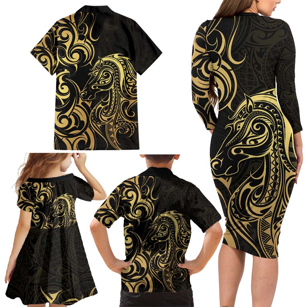 Gold And Black Aoteara Horse Racing Family Matching Long Sleeve Bodycon Dress and Hawaiian Shirt NZ Maori Pattern