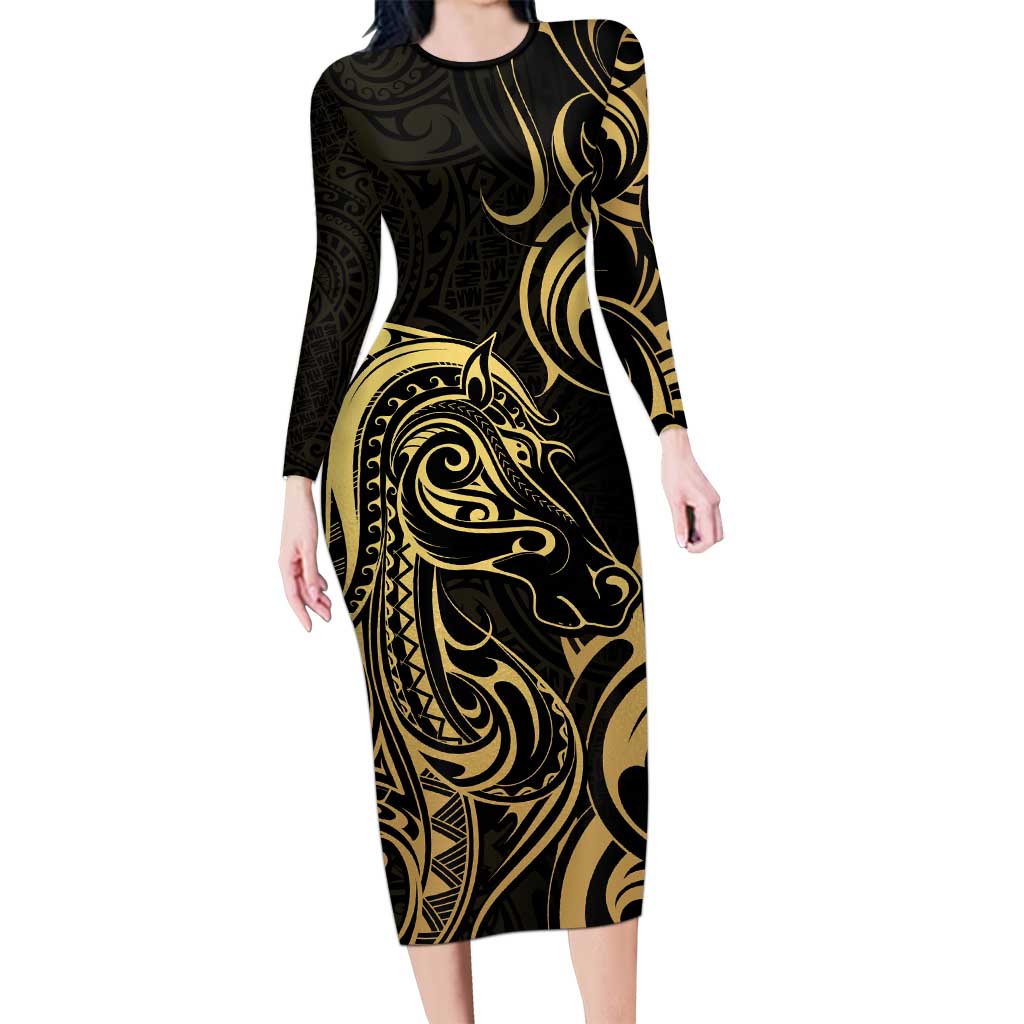 Gold And Black Aoteara Horse Racing Family Matching Long Sleeve Bodycon Dress and Hawaiian Shirt NZ Maori Pattern