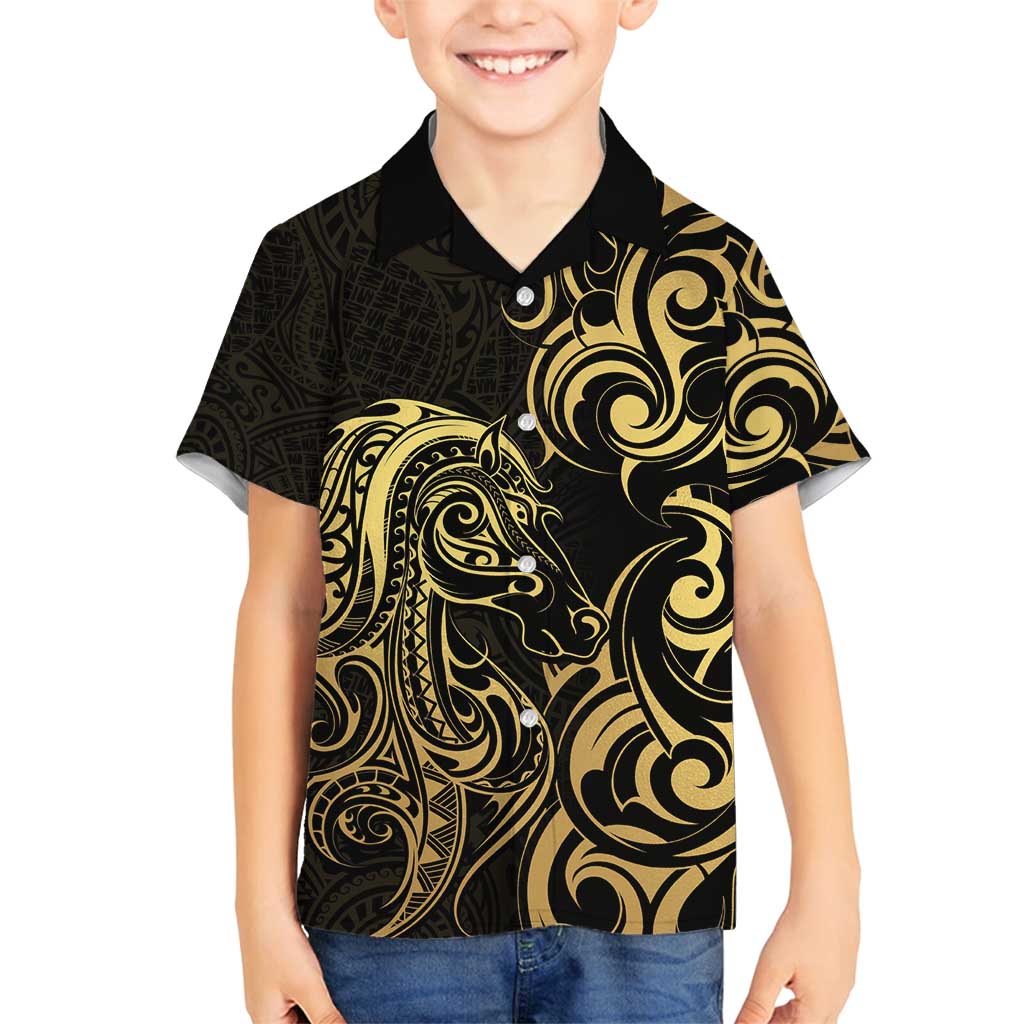 Gold And Black Aoteara Horse Racing Family Matching Long Sleeve Bodycon Dress and Hawaiian Shirt NZ Maori Pattern