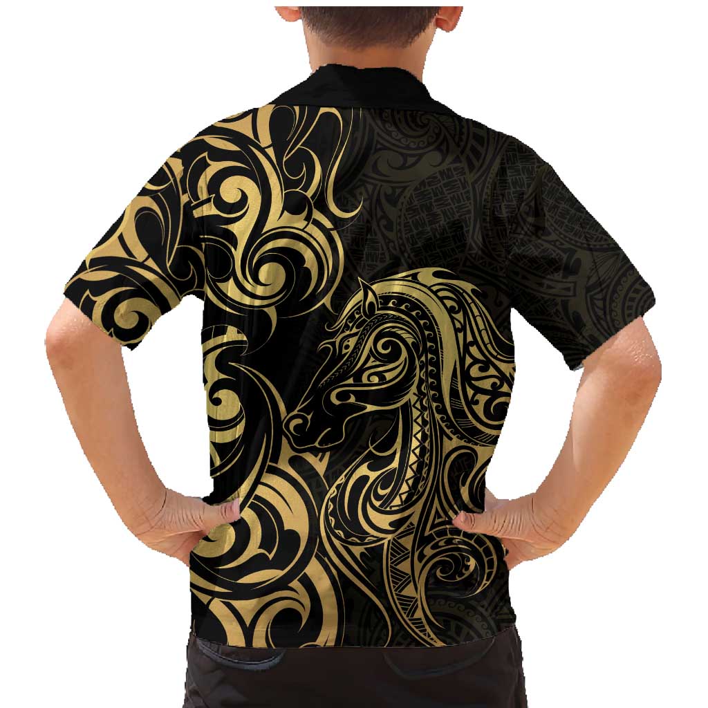 Gold And Black Aoteara Horse Racing Family Matching Mermaid Dress and Hawaiian Shirt NZ Maori Pattern