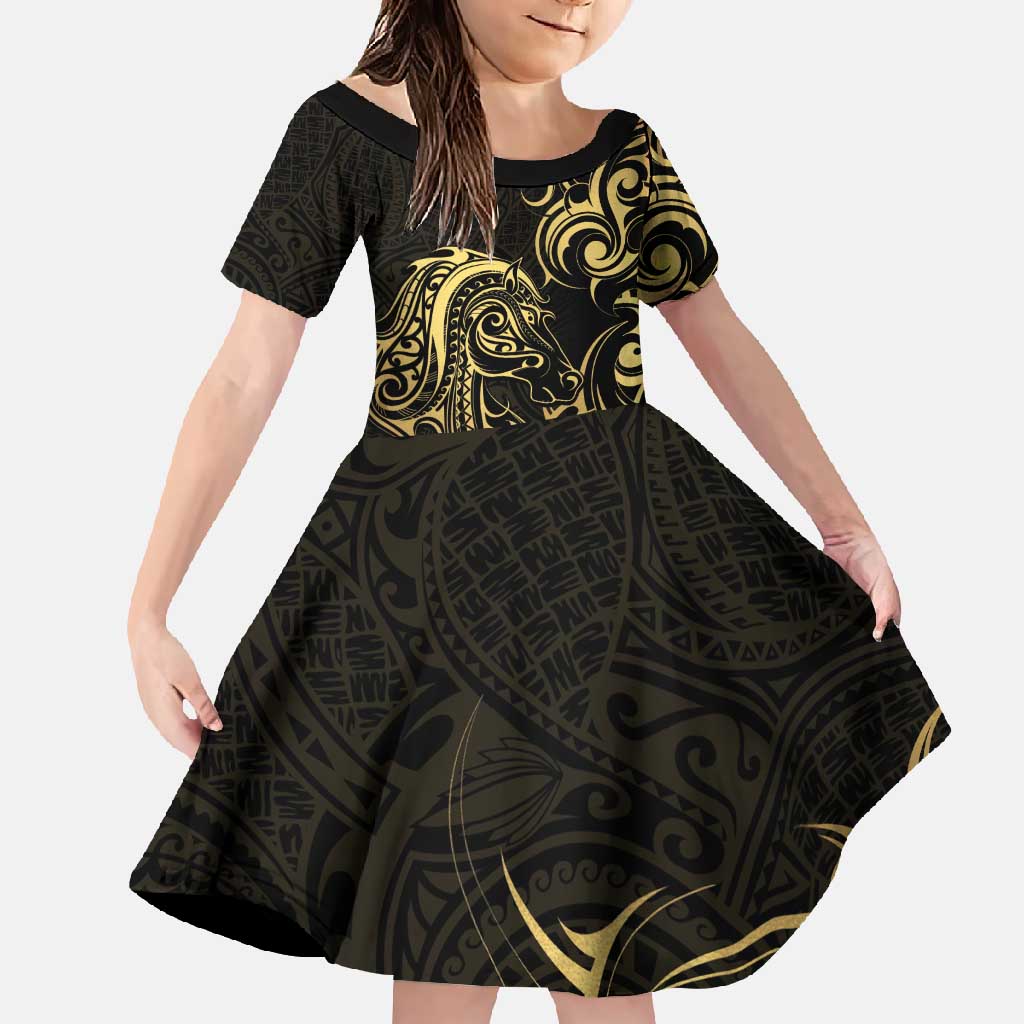 Gold And Black Aoteara Horse Racing Family Matching Mermaid Dress and Hawaiian Shirt NZ Maori Pattern