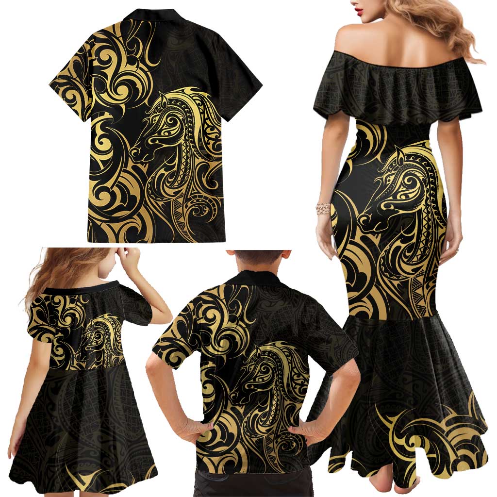 Gold And Black Aoteara Horse Racing Family Matching Mermaid Dress and Hawaiian Shirt NZ Maori Pattern