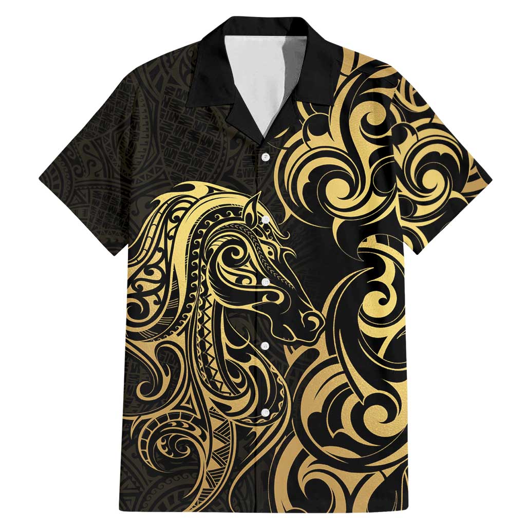 Gold And Black Aoteara Horse Racing Family Matching Mermaid Dress and Hawaiian Shirt NZ Maori Pattern