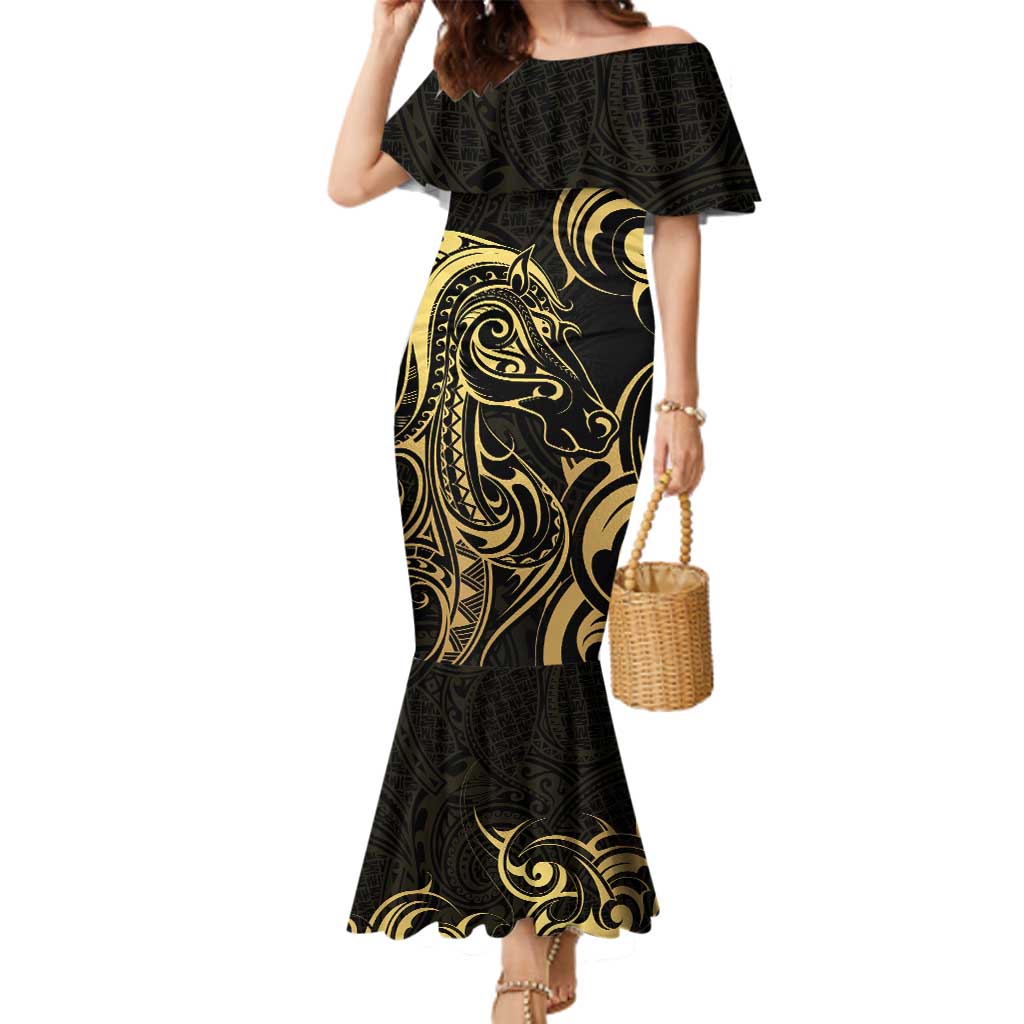 Gold And Black Aoteara Horse Racing Family Matching Mermaid Dress and Hawaiian Shirt NZ Maori Pattern