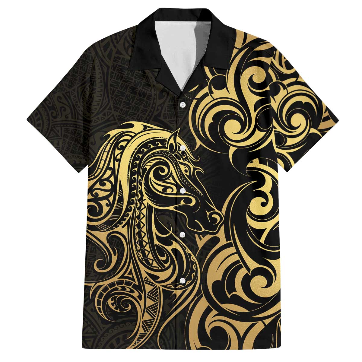 Gold And Black Aoteara Horse Racing Family Matching Off The Shoulder Long Sleeve Dress and Hawaiian Shirt NZ Maori Pattern