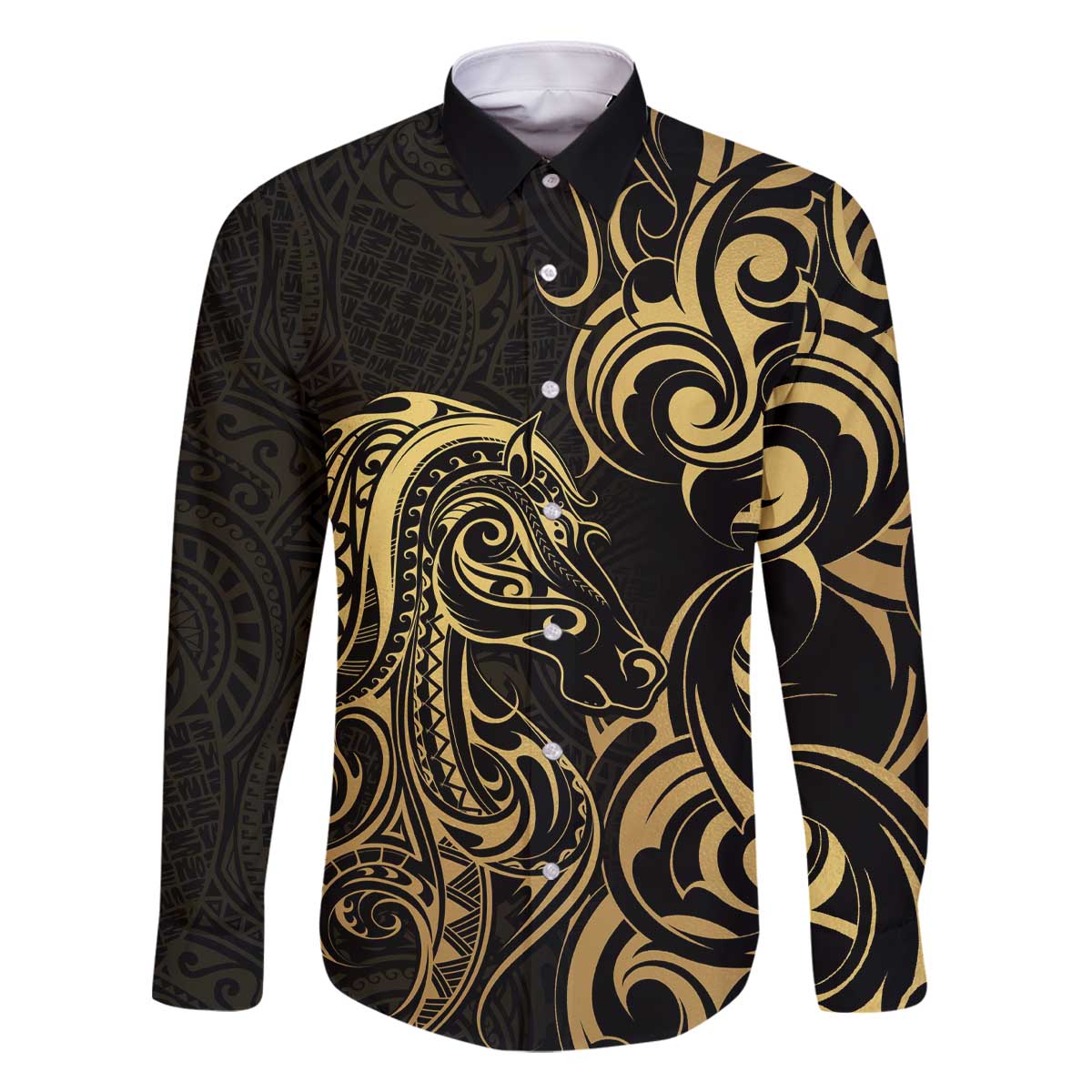 Gold And Black Aoteara Horse Racing Family Matching Off The Shoulder Long Sleeve Dress and Hawaiian Shirt NZ Maori Pattern