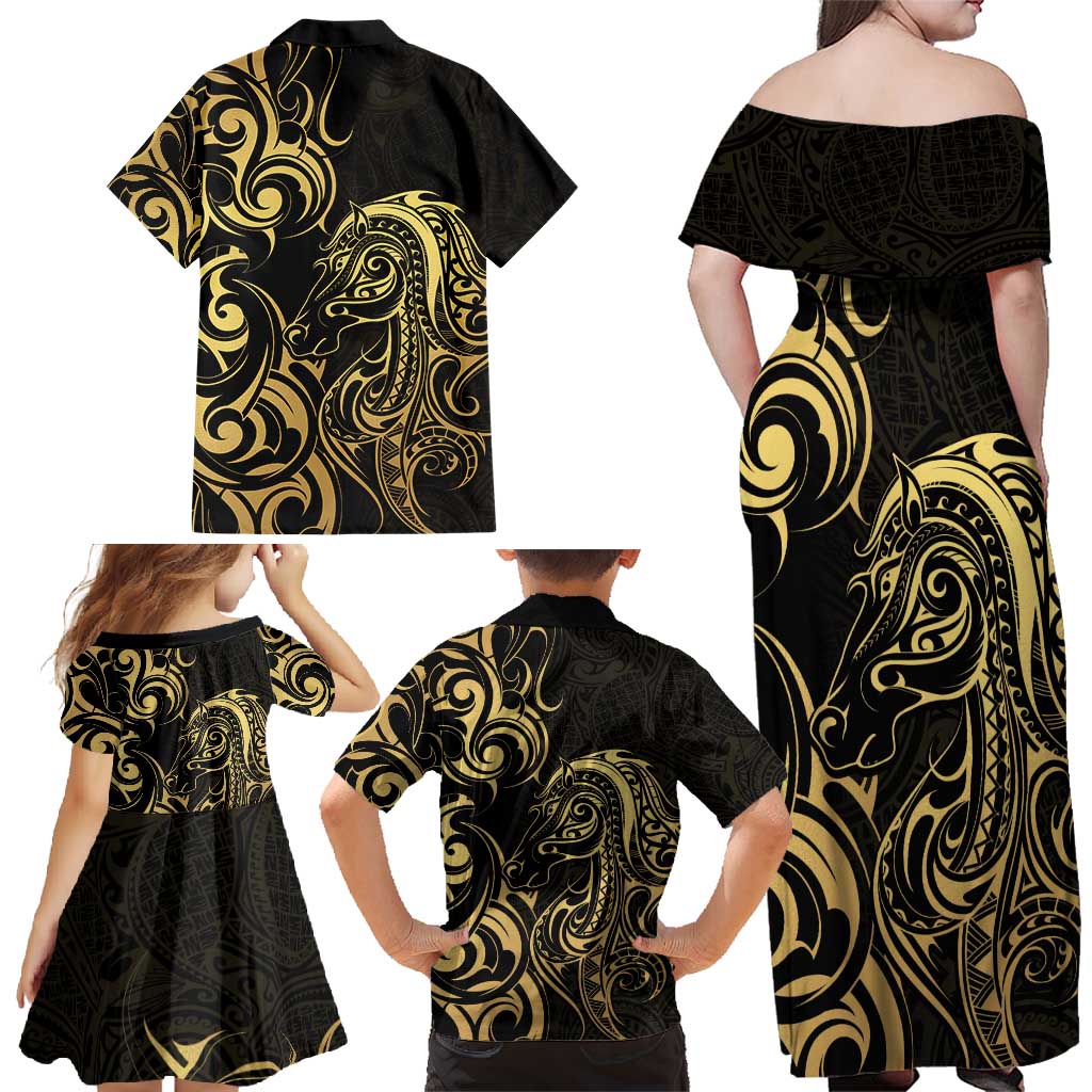 Gold And Black Aoteara Horse Racing Family Matching Off Shoulder Maxi Dress and Hawaiian Shirt NZ Maori Pattern