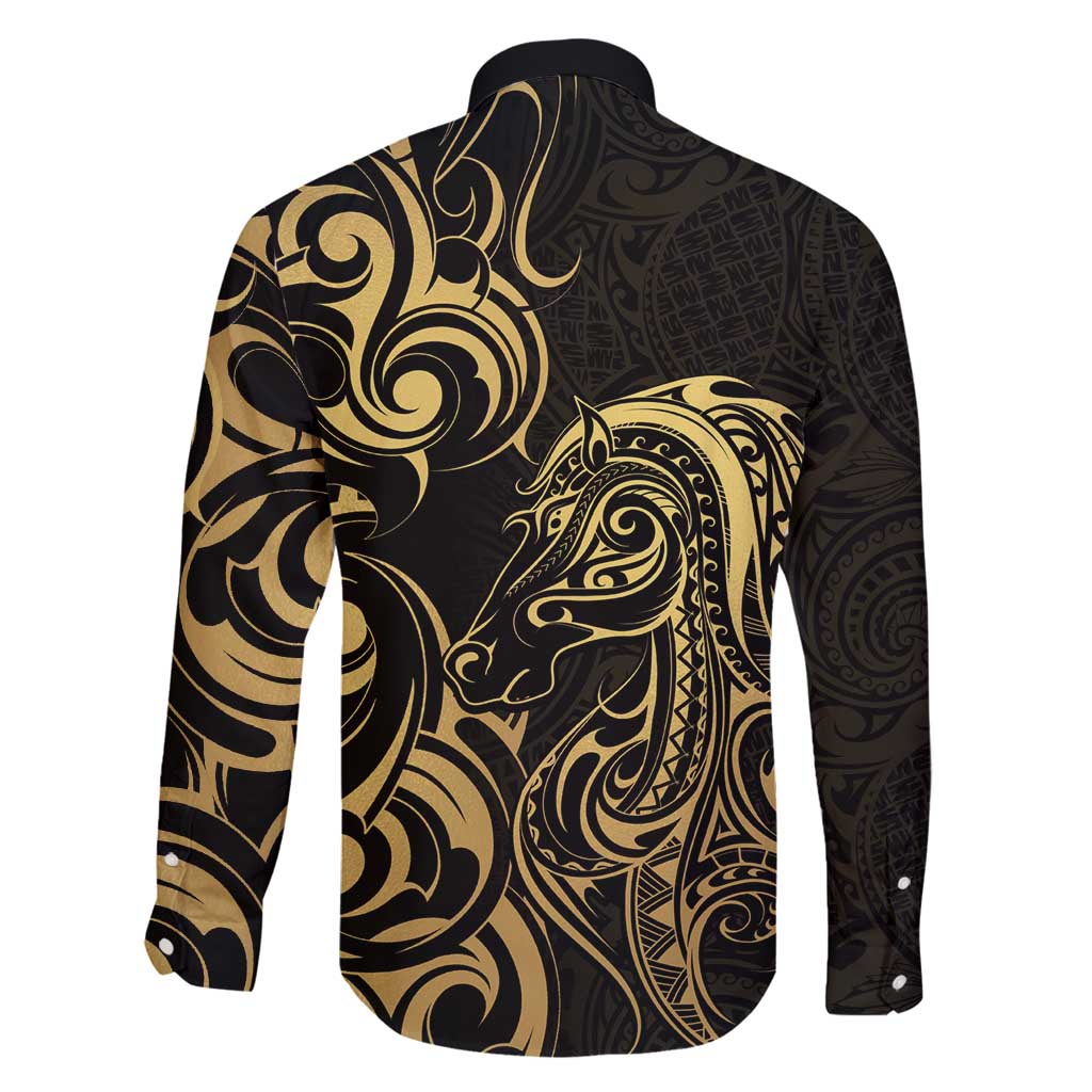 Gold And Black Aoteara Horse Racing Family Matching Off Shoulder Maxi Dress and Hawaiian Shirt NZ Maori Pattern