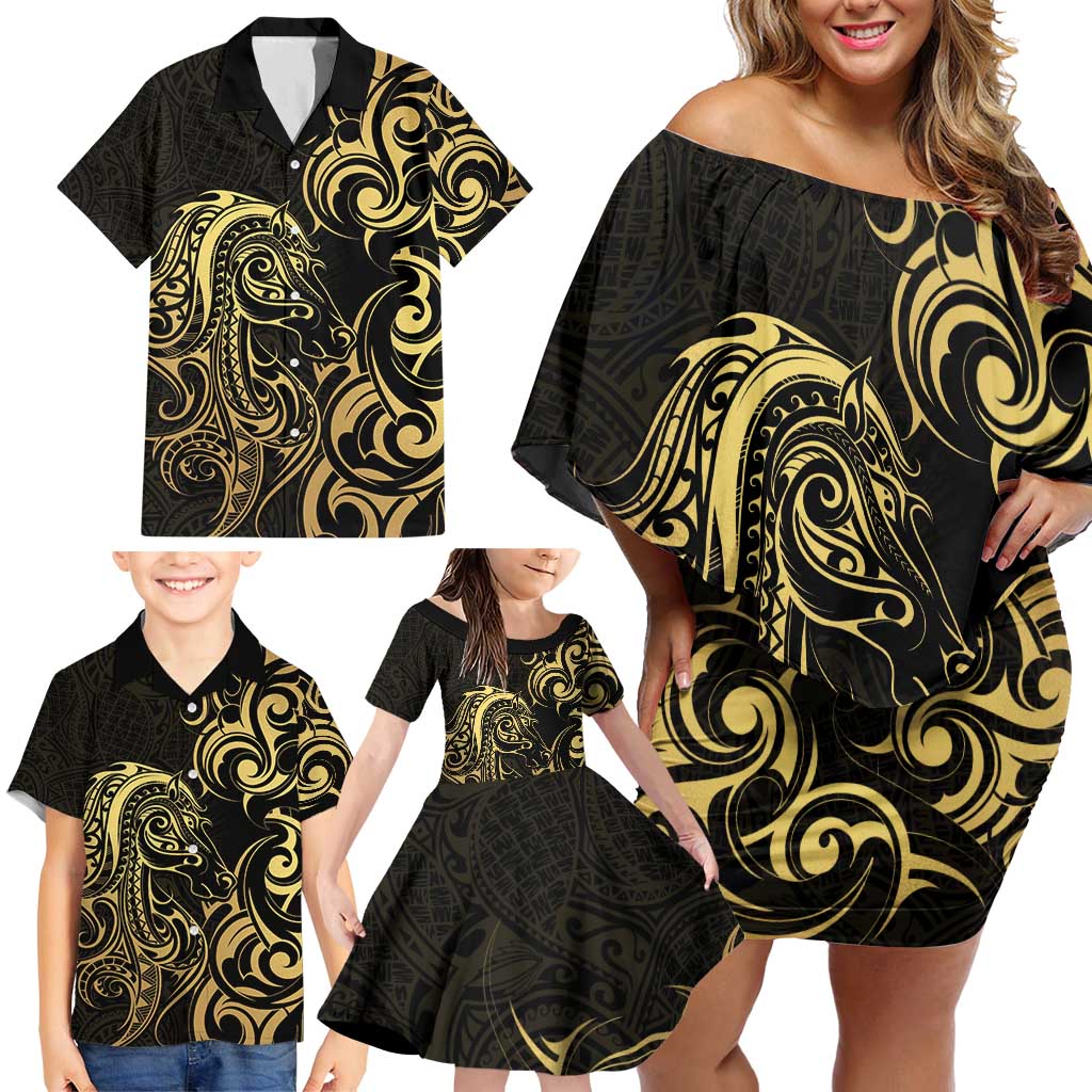 Gold And Black Aoteara Horse Racing Family Matching Off Shoulder Short Dress and Hawaiian Shirt NZ Maori Pattern