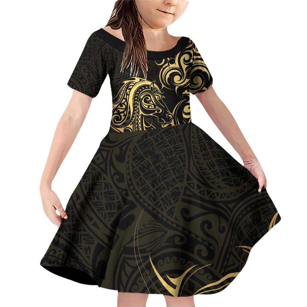 Gold And Black Aoteara Horse Racing Family Matching Off Shoulder Short Dress and Hawaiian Shirt NZ Maori Pattern