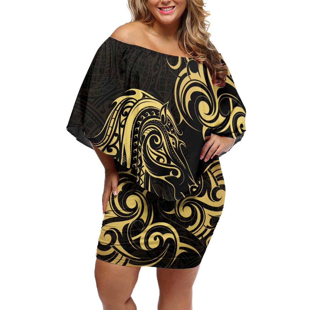 Gold And Black Aoteara Horse Racing Family Matching Off Shoulder Short Dress and Hawaiian Shirt NZ Maori Pattern