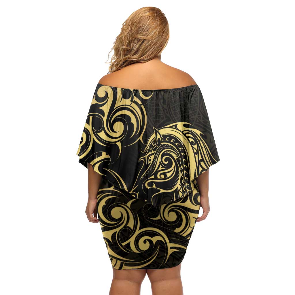 Gold And Black Aoteara Horse Racing Family Matching Off Shoulder Short Dress and Hawaiian Shirt NZ Maori Pattern