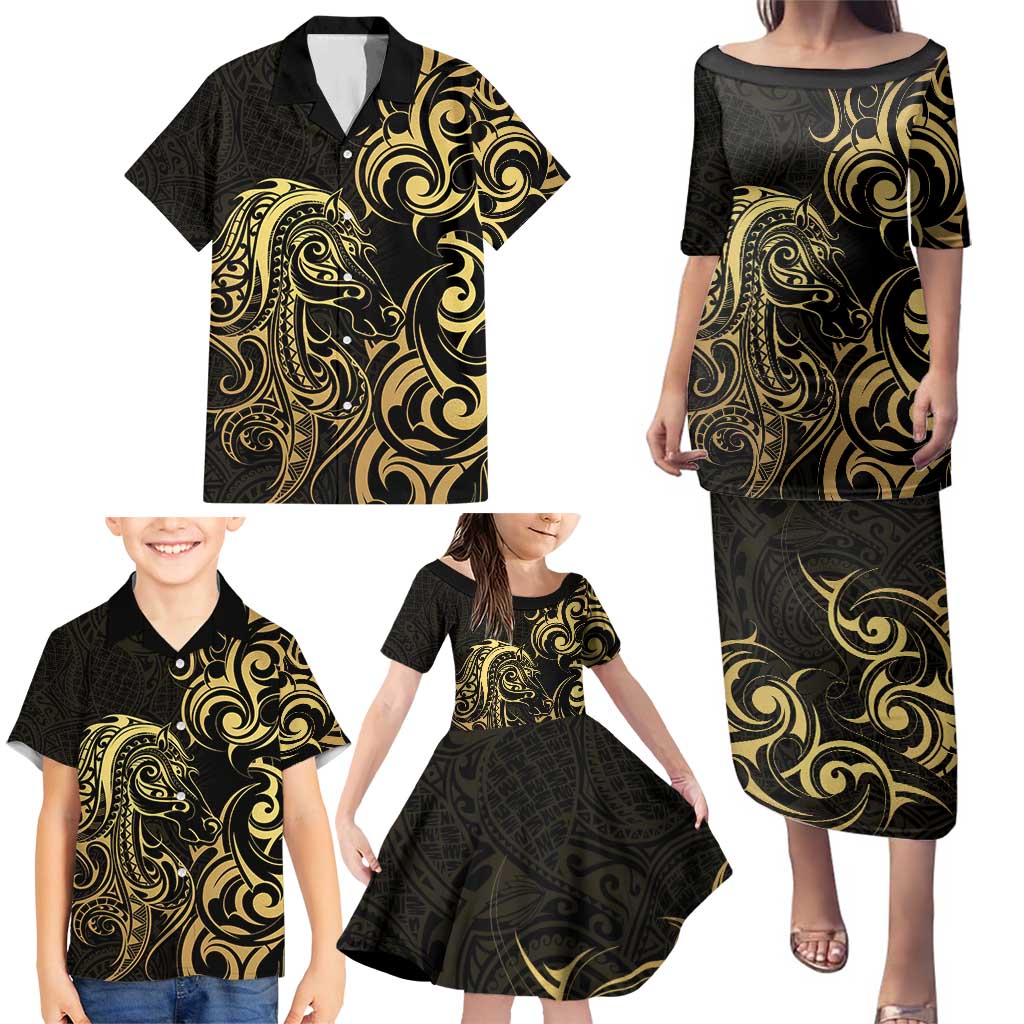 Gold And Black Aoteara Horse Racing Family Matching Puletasi and Hawaiian Shirt NZ Maori Pattern