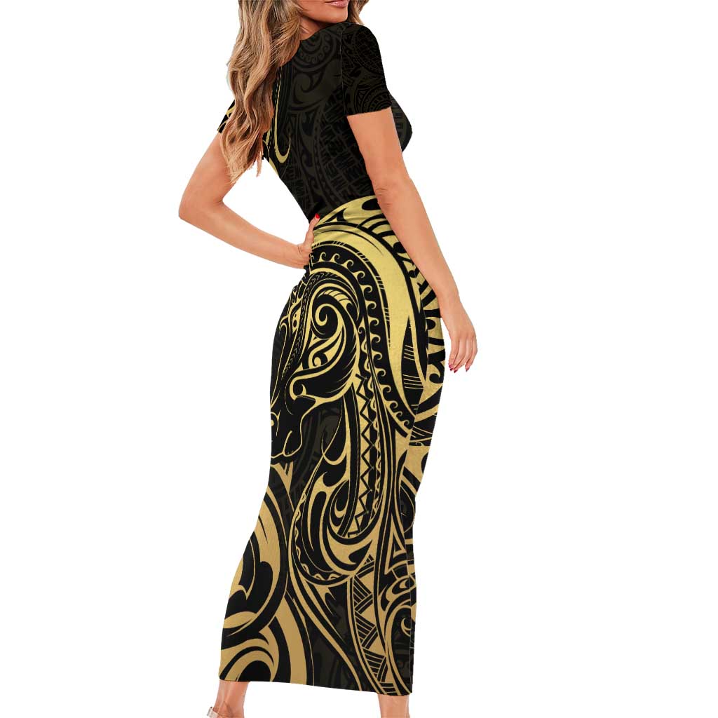 Gold And Black Aoteara Horse Racing Family Matching Short Sleeve Bodycon Dress and Hawaiian Shirt NZ Maori Pattern