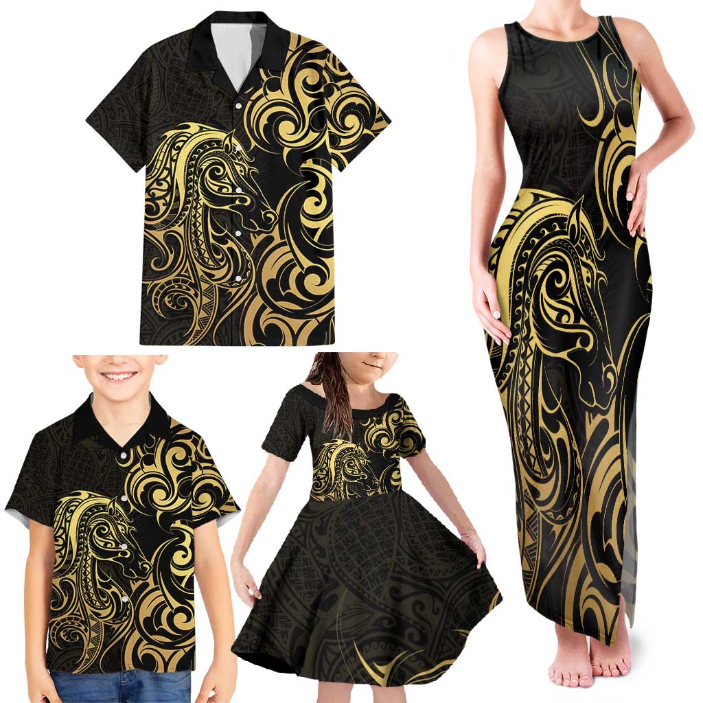 Gold And Black Aoteara Horse Racing Family Matching Tank Maxi Dress and Hawaiian Shirt NZ Maori Pattern