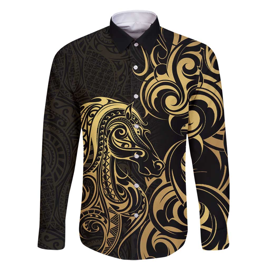 Gold And Black Aoteara Horse Racing Family Matching Tank Maxi Dress and Hawaiian Shirt NZ Maori Pattern