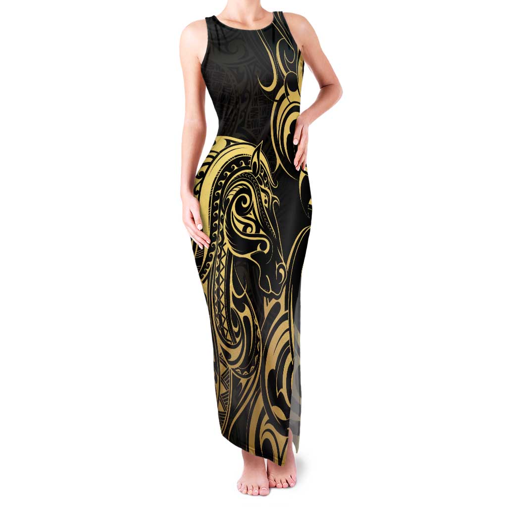 Gold And Black Aoteara Horse Racing Family Matching Tank Maxi Dress and Hawaiian Shirt NZ Maori Pattern