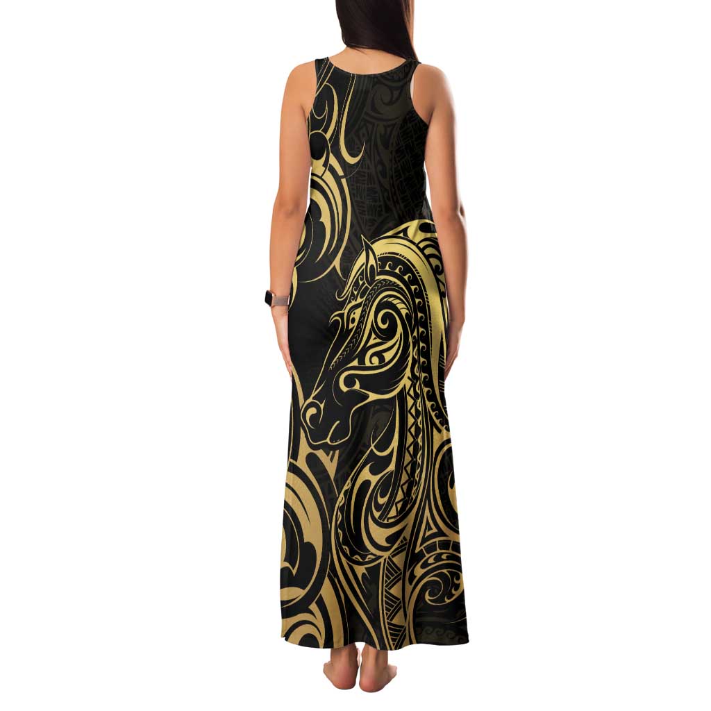 Gold And Black Aoteara Horse Racing Family Matching Tank Maxi Dress and Hawaiian Shirt NZ Maori Pattern