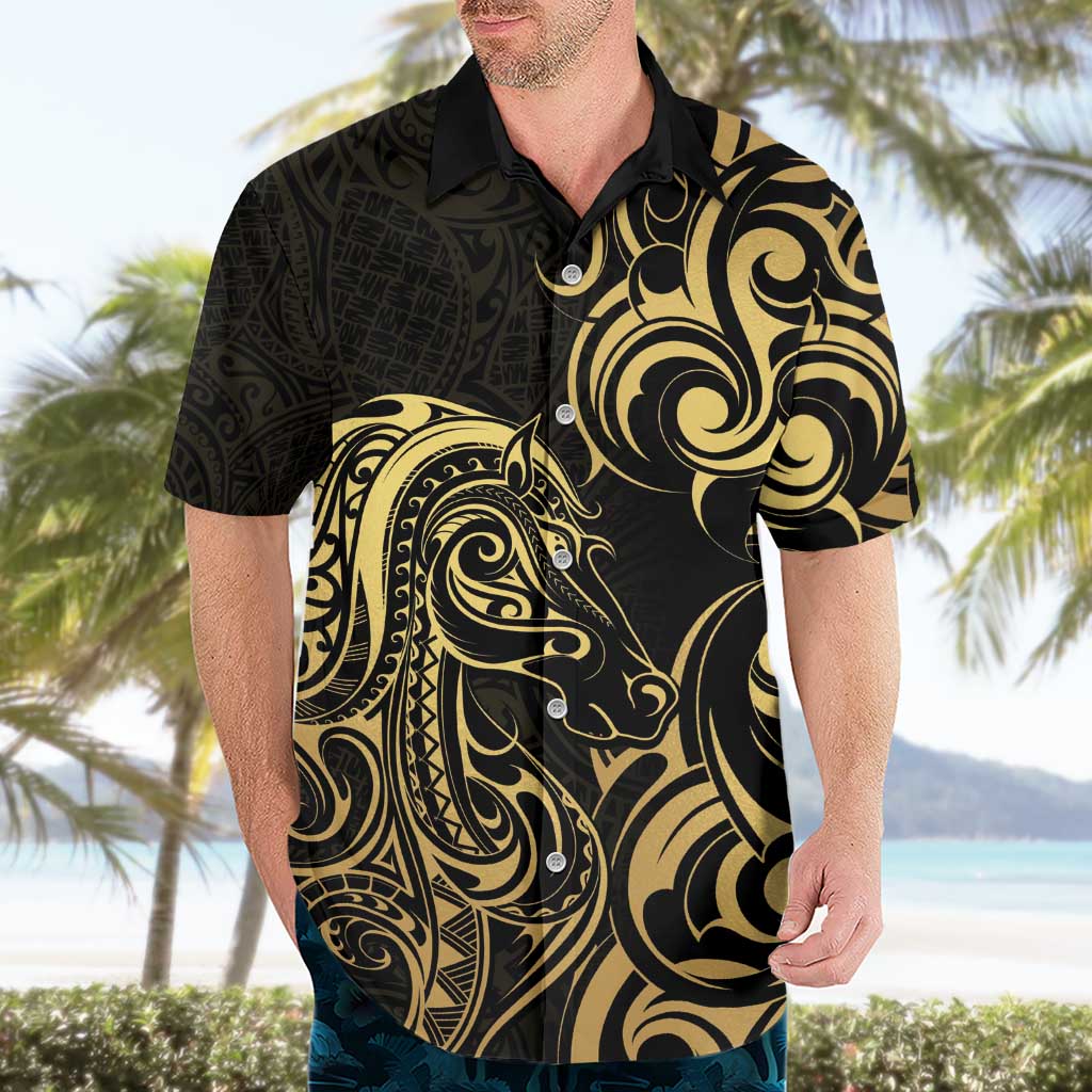 Gold And Black Aoteara Horse Racing Hawaiian Shirt NZ Maori Pattern