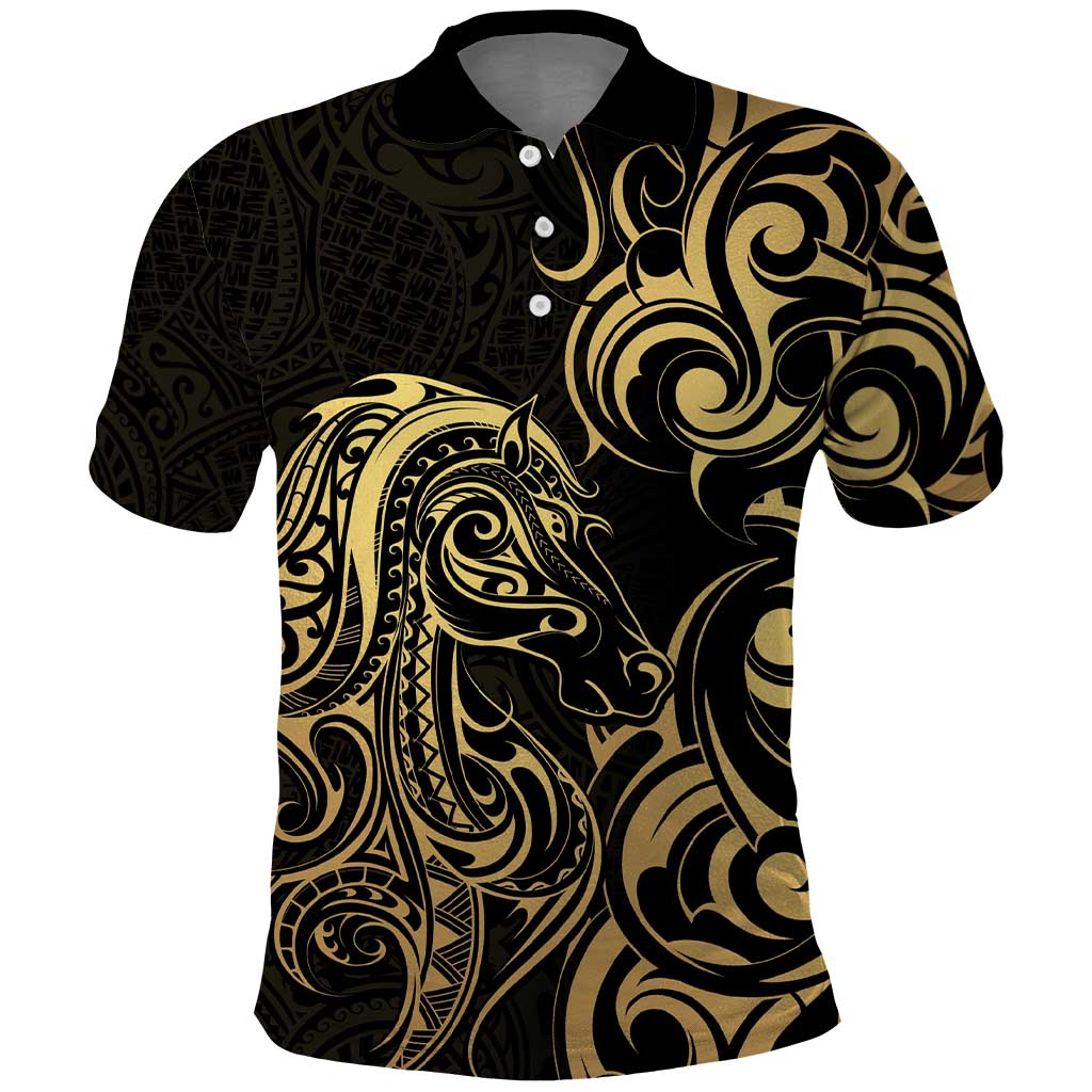 Gold And Black Aoteara Horse Racing Polo Shirt NZ Maori Pattern