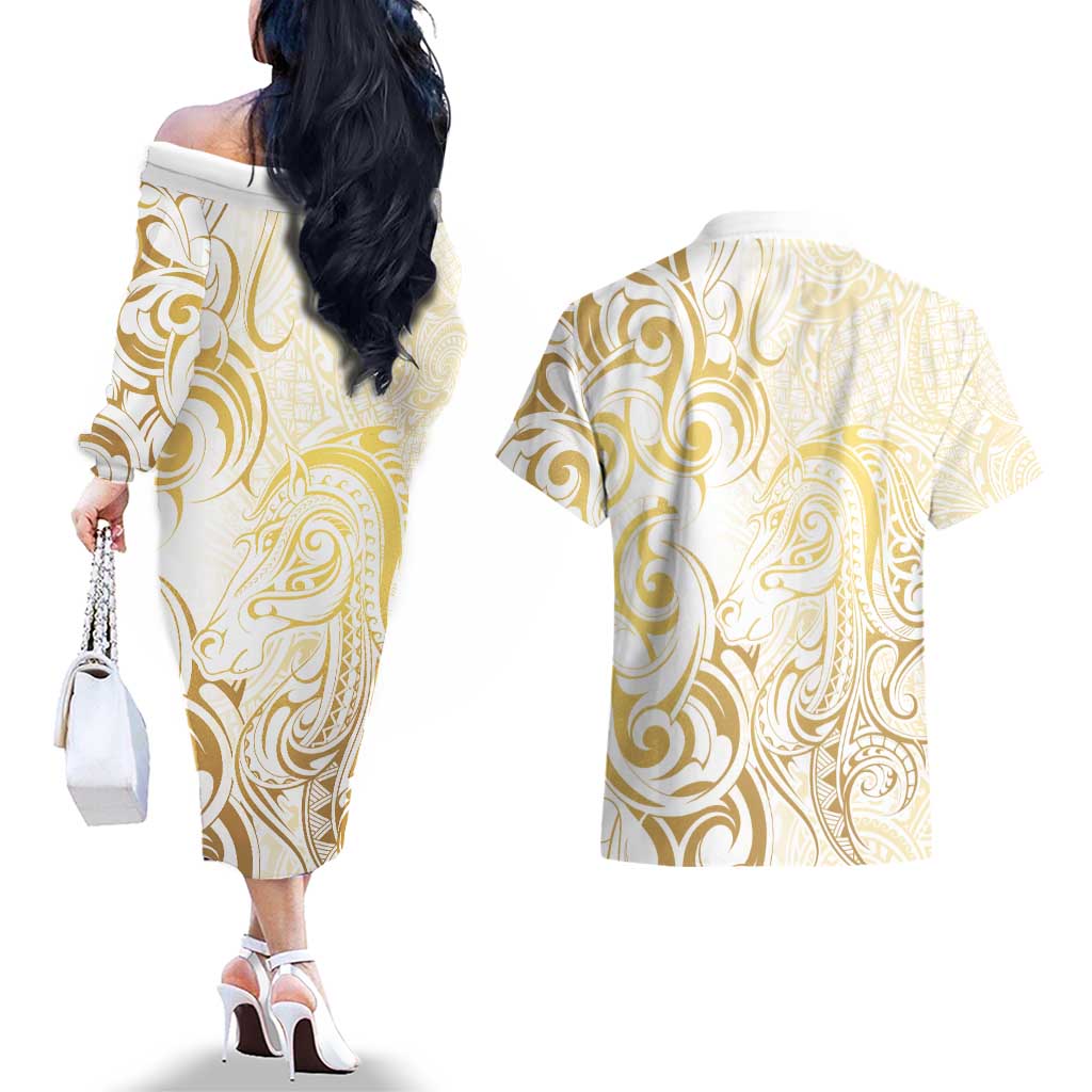 Gold And White Aoteara Horse Racing Couples Matching Off The Shoulder Long Sleeve Dress and Hawaiian Shirt NZ Maori Pattern