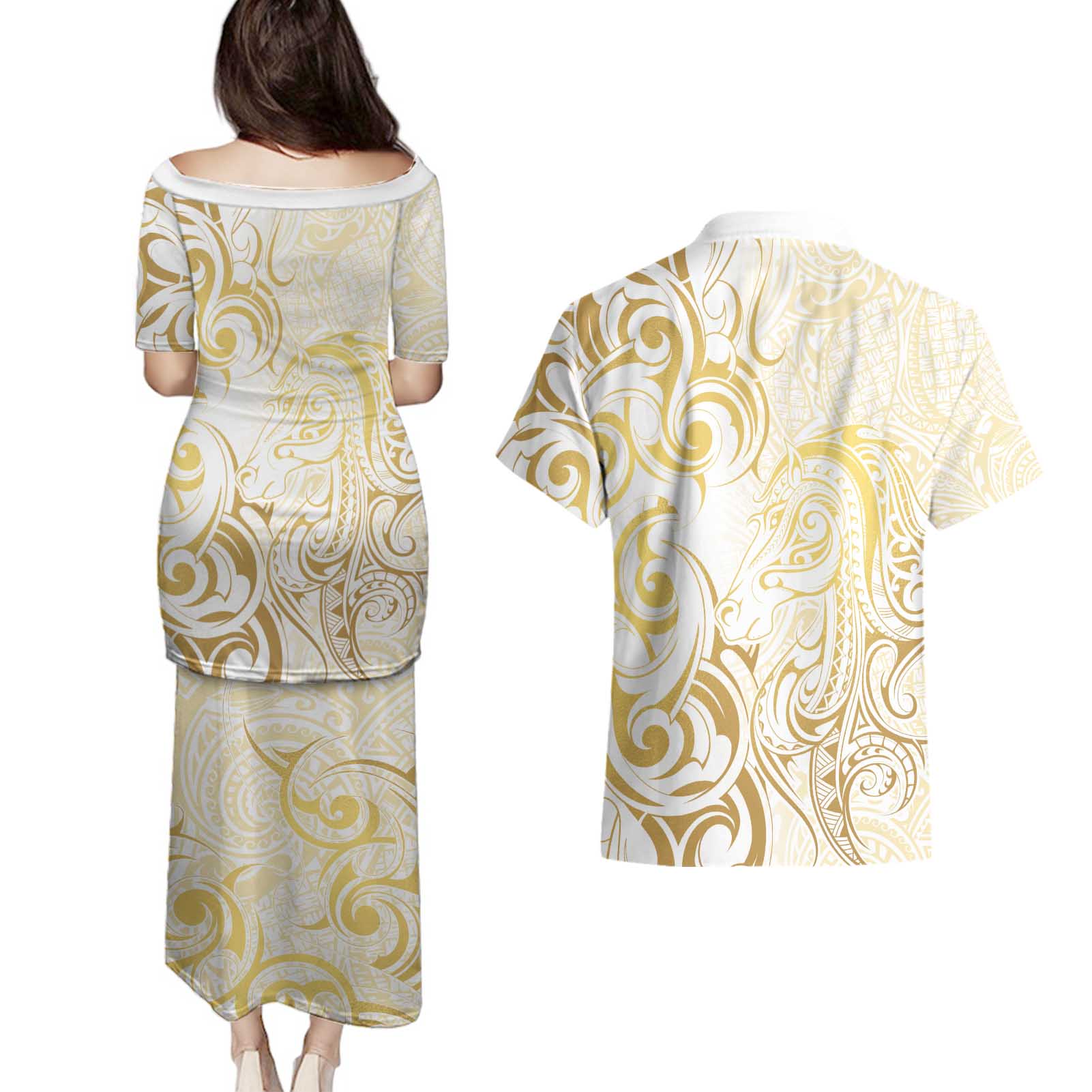 Gold And White Aoteara Horse Racing Couples Matching Puletasi and Hawaiian Shirt NZ Maori Pattern