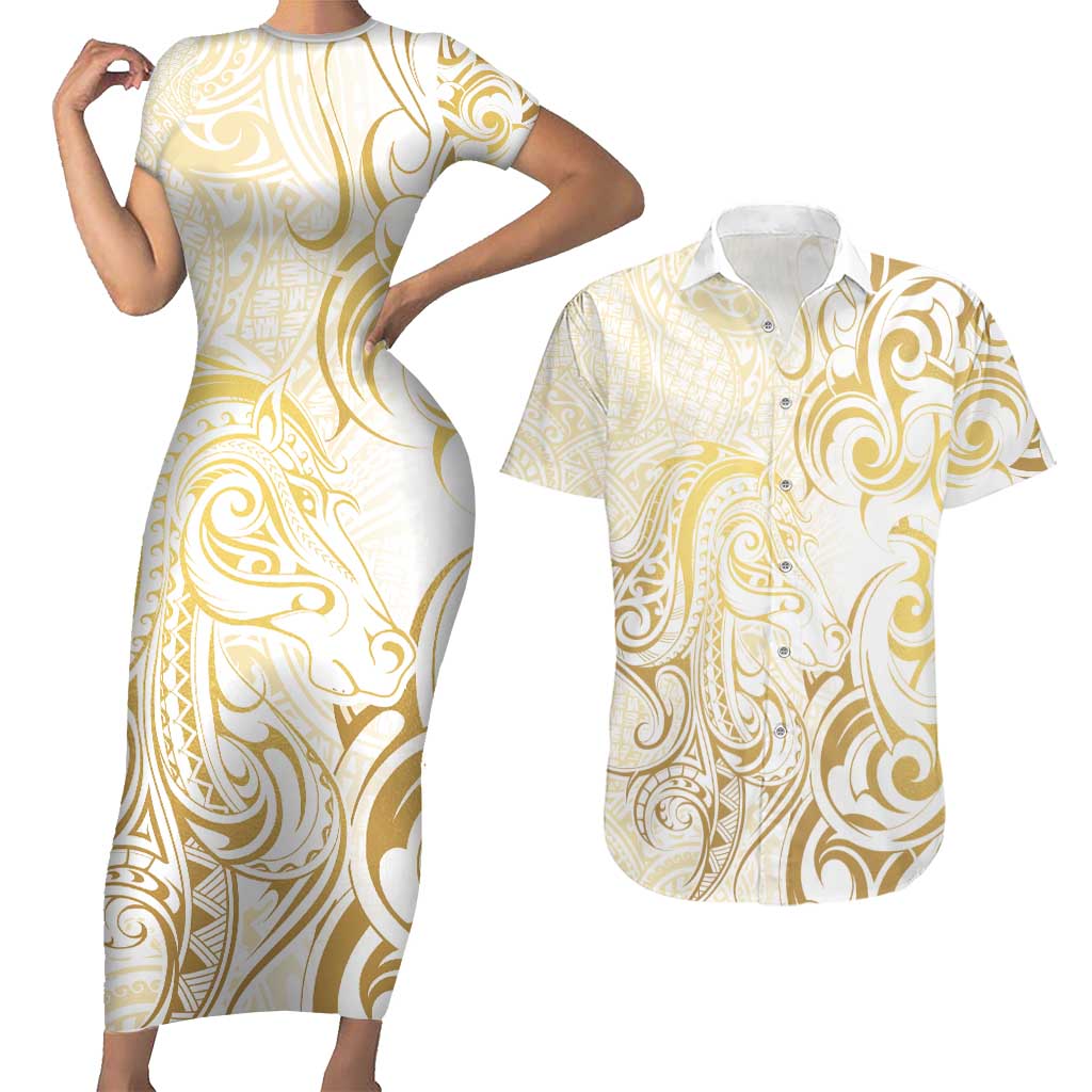 Gold And White Aoteara Horse Racing Couples Matching Short Sleeve Bodycon Dress and Hawaiian Shirt NZ Maori Pattern