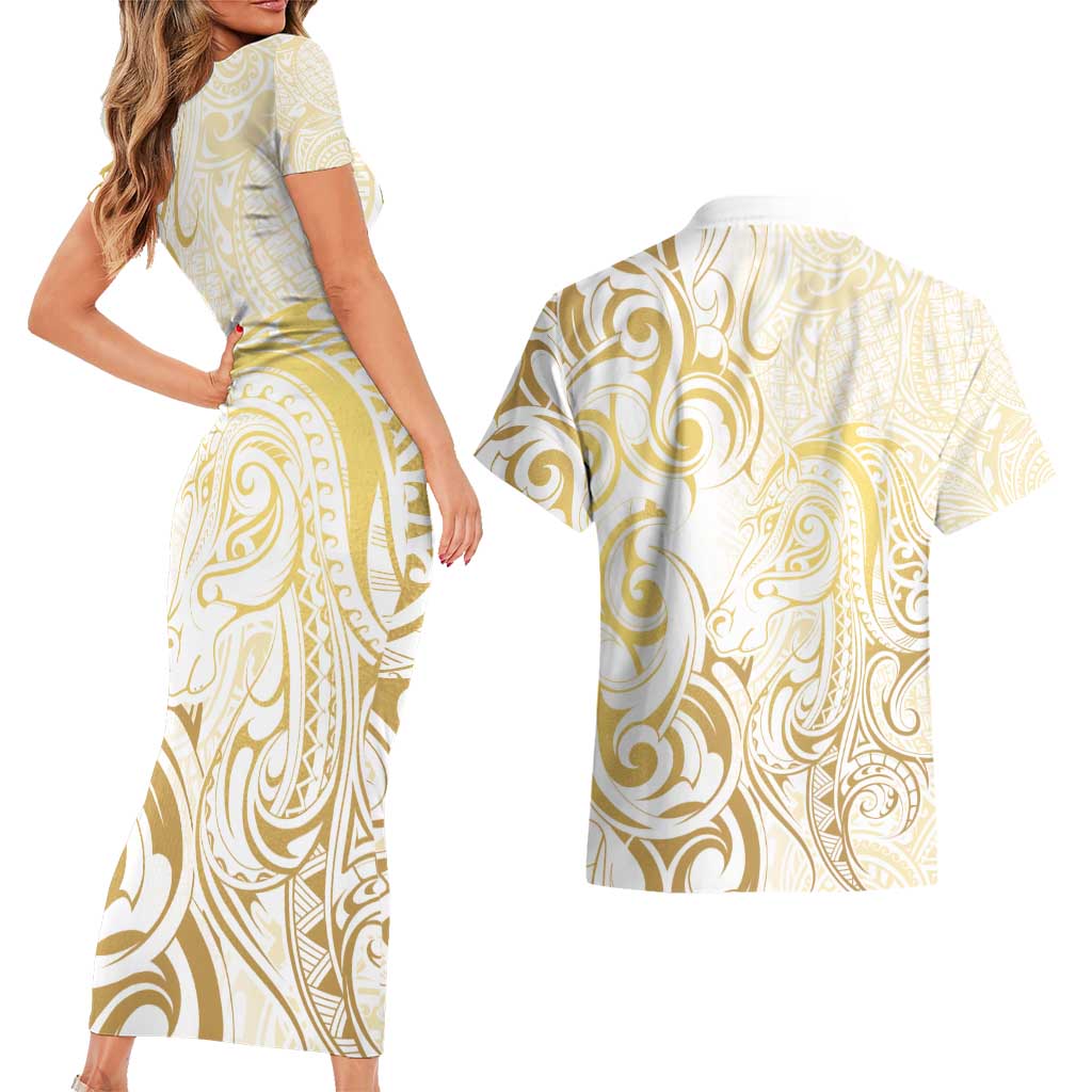 Gold And White Aoteara Horse Racing Couples Matching Short Sleeve Bodycon Dress and Hawaiian Shirt NZ Maori Pattern