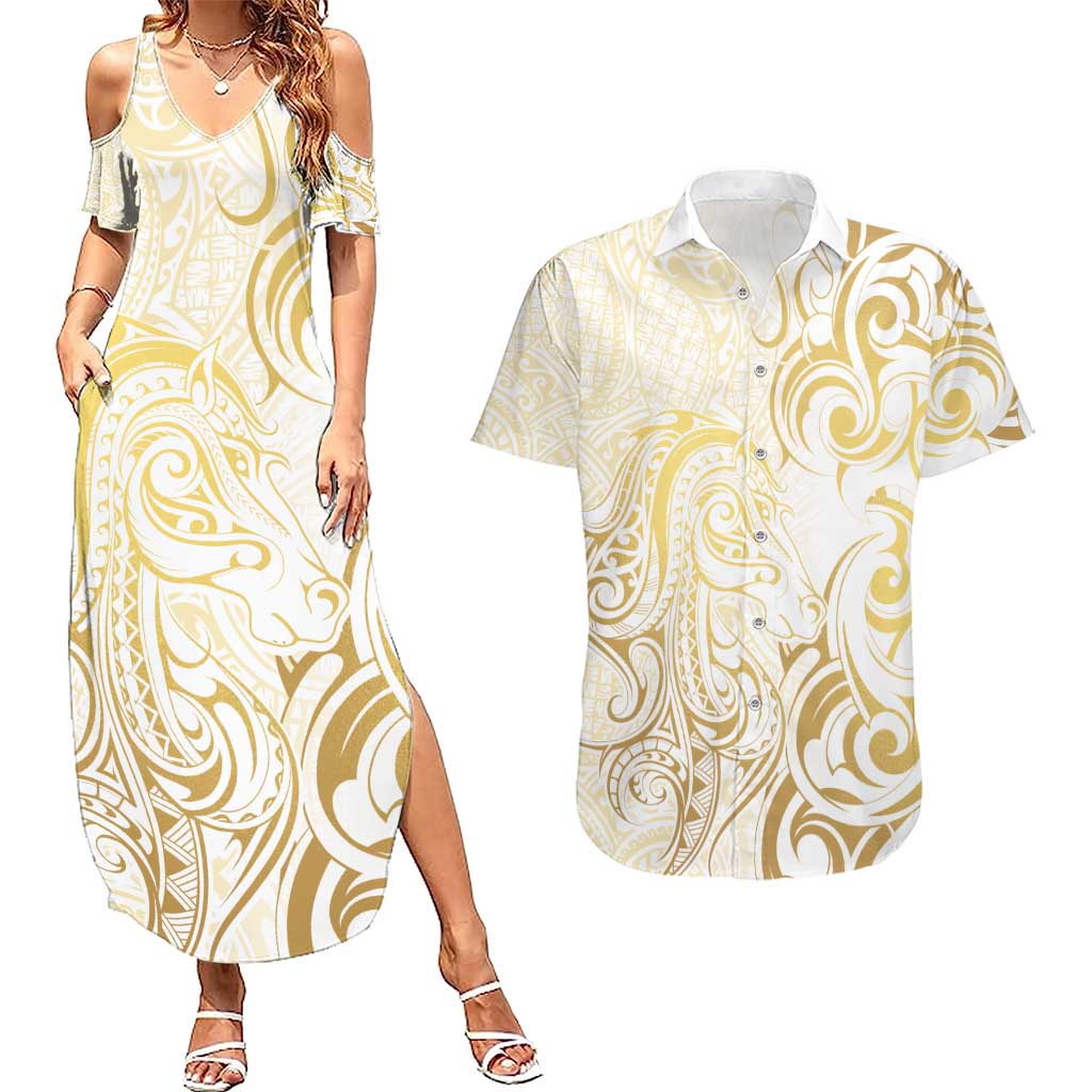 Gold And White Aoteara Horse Racing Couples Matching Summer Maxi Dress and Hawaiian Shirt NZ Maori Pattern