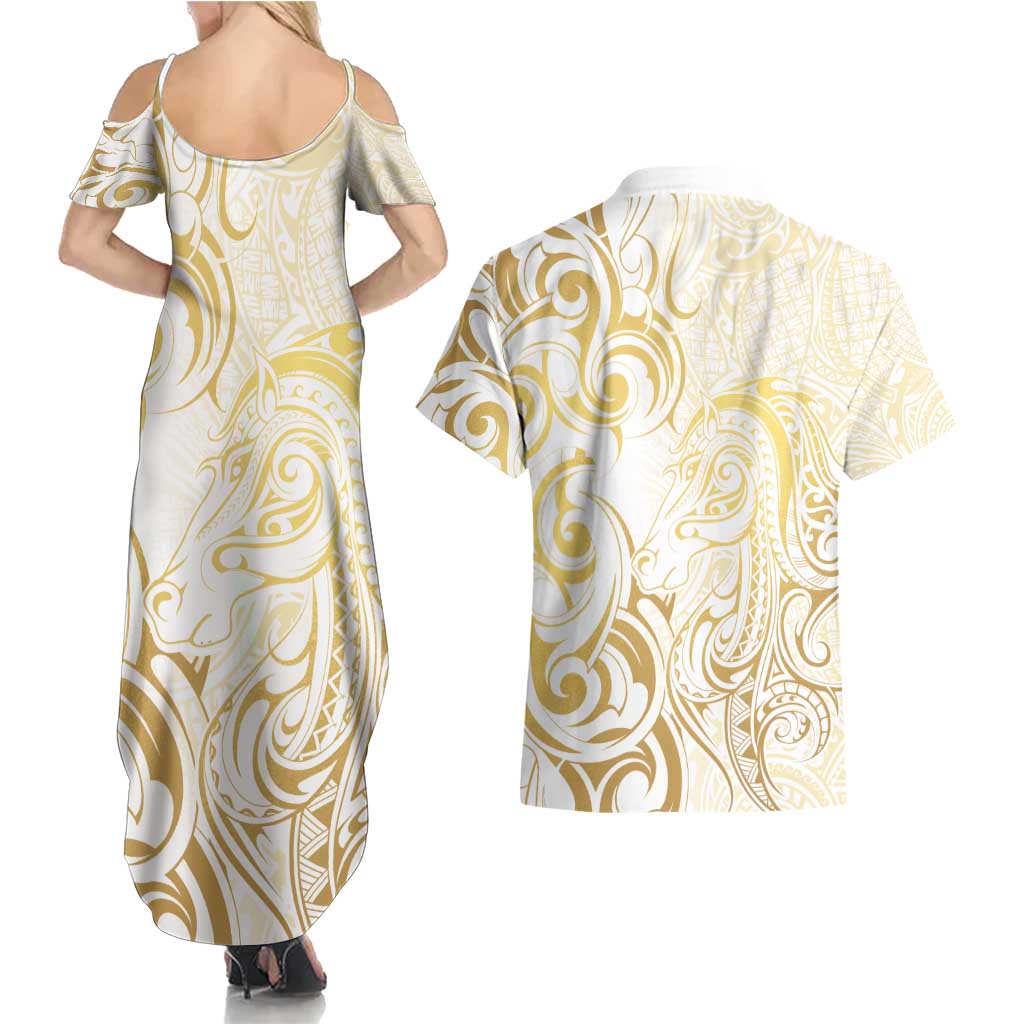 Gold And White Aoteara Horse Racing Couples Matching Summer Maxi Dress and Hawaiian Shirt NZ Maori Pattern