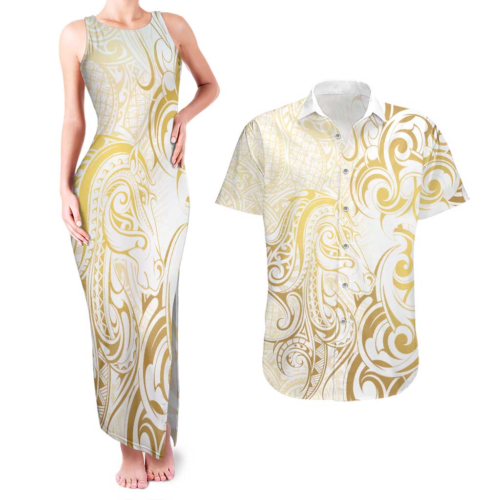 Gold And White Aoteara Horse Racing Couples Matching Tank Maxi Dress and Hawaiian Shirt NZ Maori Pattern