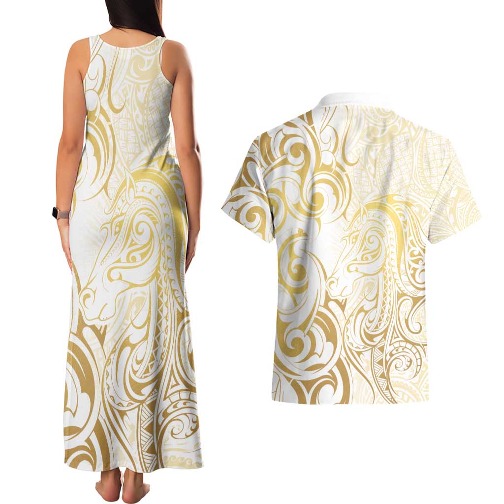 Gold And White Aoteara Horse Racing Couples Matching Tank Maxi Dress and Hawaiian Shirt NZ Maori Pattern