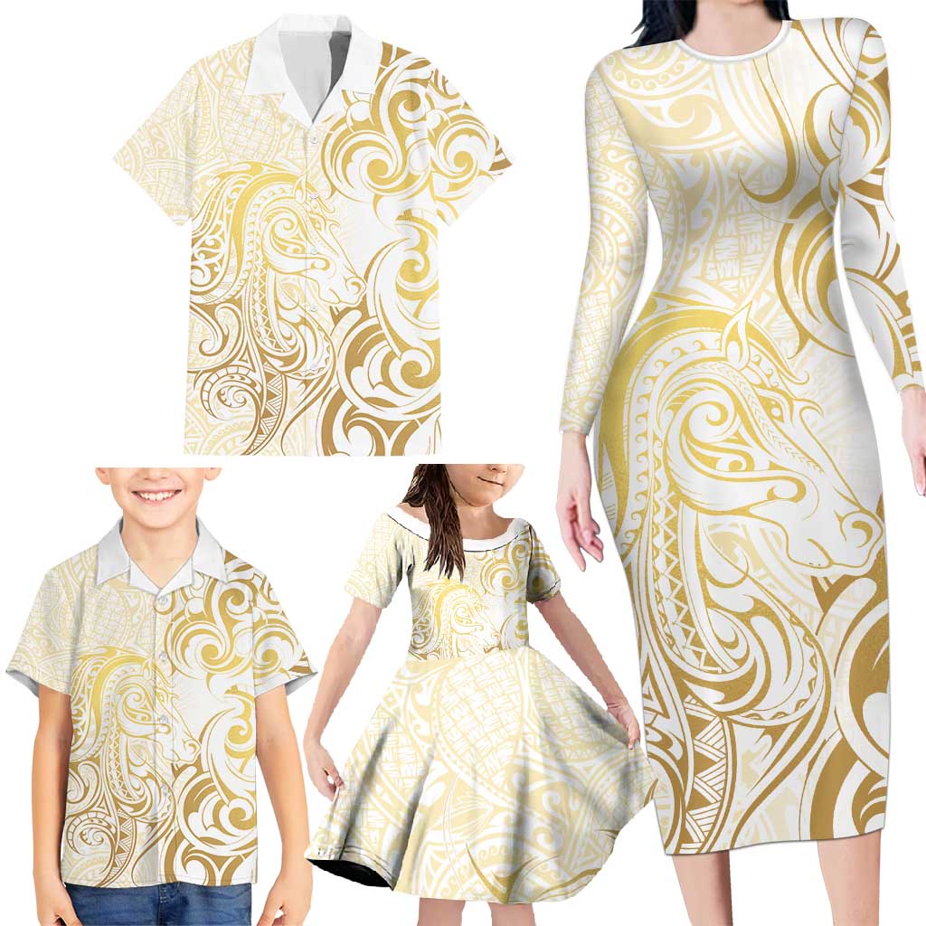 Gold And White Aoteara Horse Racing Family Matching Long Sleeve Bodycon Dress and Hawaiian Shirt NZ Maori Pattern