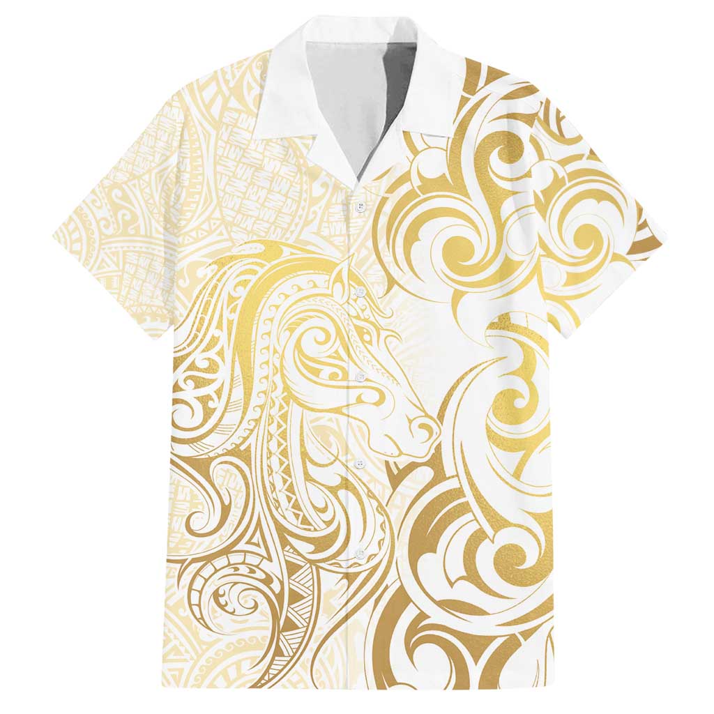 Gold And White Aoteara Horse Racing Family Matching Long Sleeve Bodycon Dress and Hawaiian Shirt NZ Maori Pattern