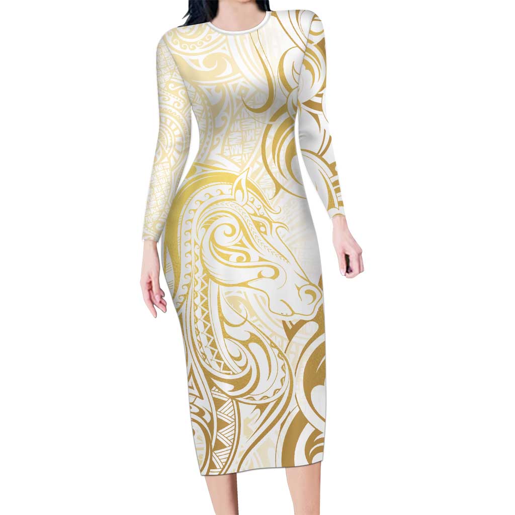 Gold And White Aoteara Horse Racing Family Matching Long Sleeve Bodycon Dress and Hawaiian Shirt NZ Maori Pattern