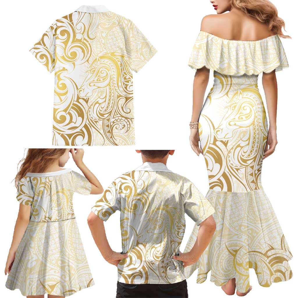 Gold And White Aoteara Horse Racing Family Matching Mermaid Dress and Hawaiian Shirt NZ Maori Pattern