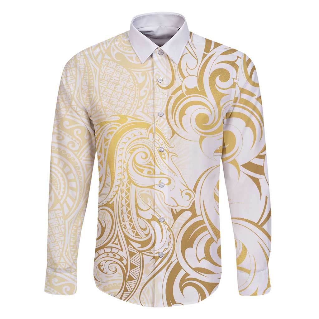 Gold And White Aoteara Horse Racing Family Matching Mermaid Dress and Hawaiian Shirt NZ Maori Pattern