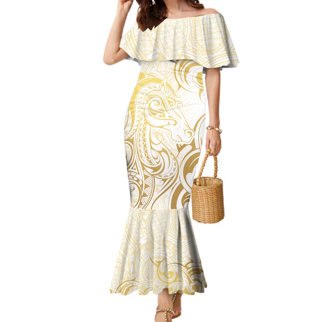 Gold And White Aoteara Horse Racing Family Matching Mermaid Dress and Hawaiian Shirt NZ Maori Pattern