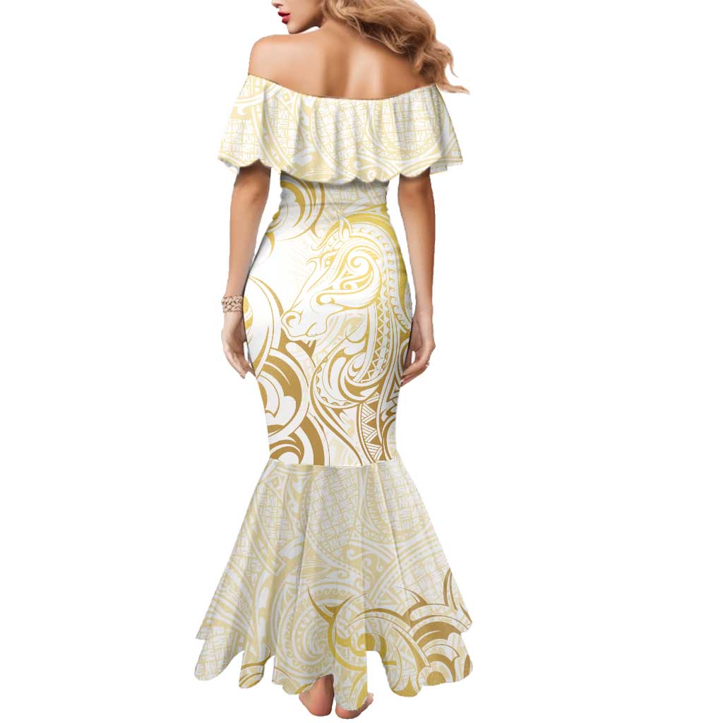 Gold And White Aoteara Horse Racing Family Matching Mermaid Dress and Hawaiian Shirt NZ Maori Pattern