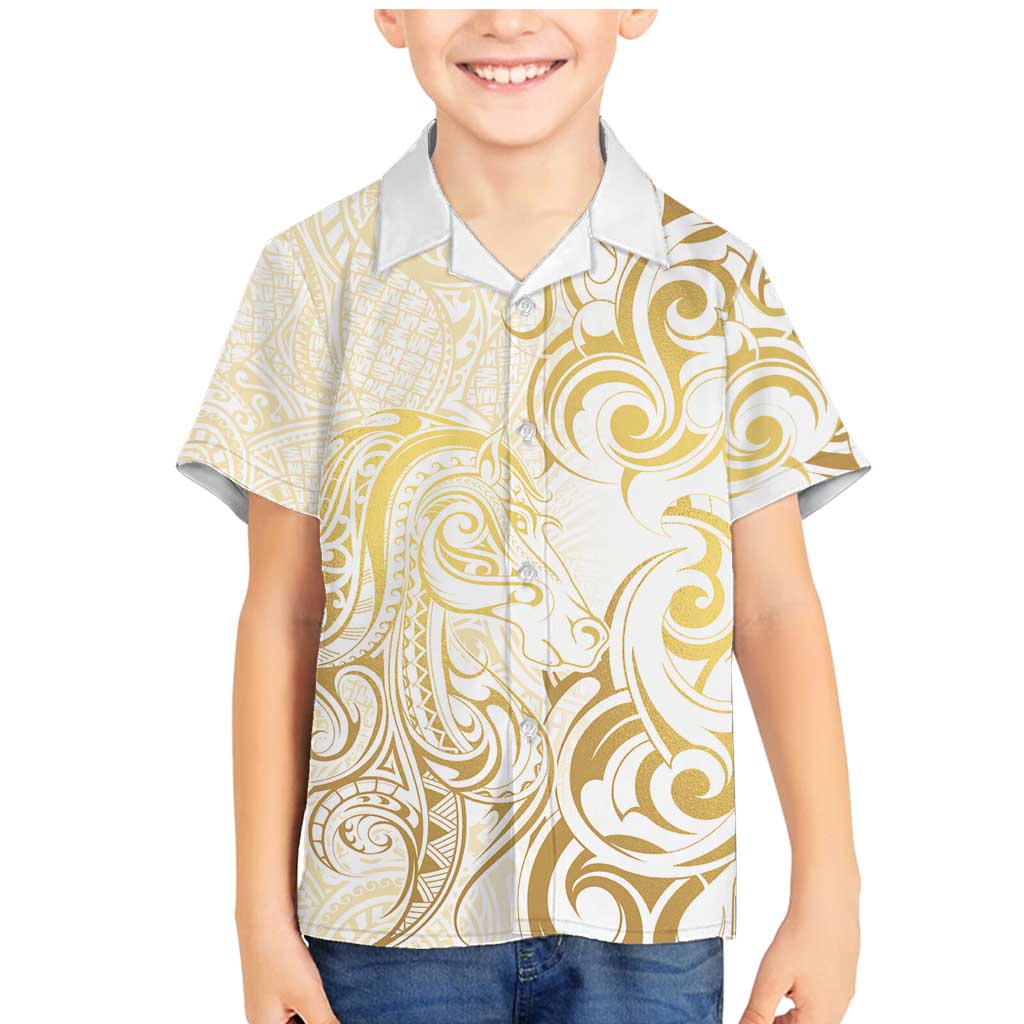 Gold And White Aoteara Horse Racing Family Matching Mermaid Dress and Hawaiian Shirt NZ Maori Pattern